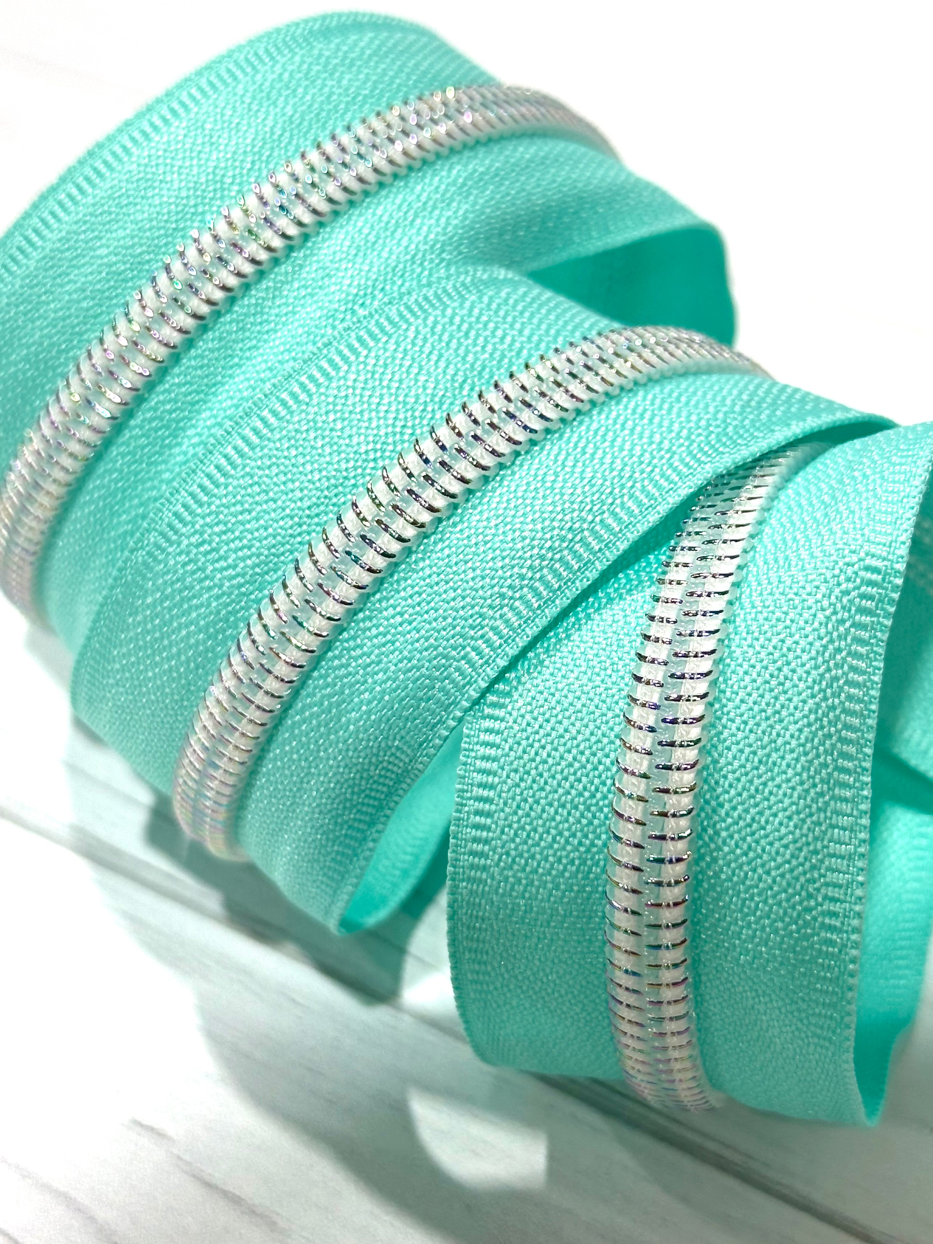 Mint Tape with White Iridescent Teeth Zipper Tape