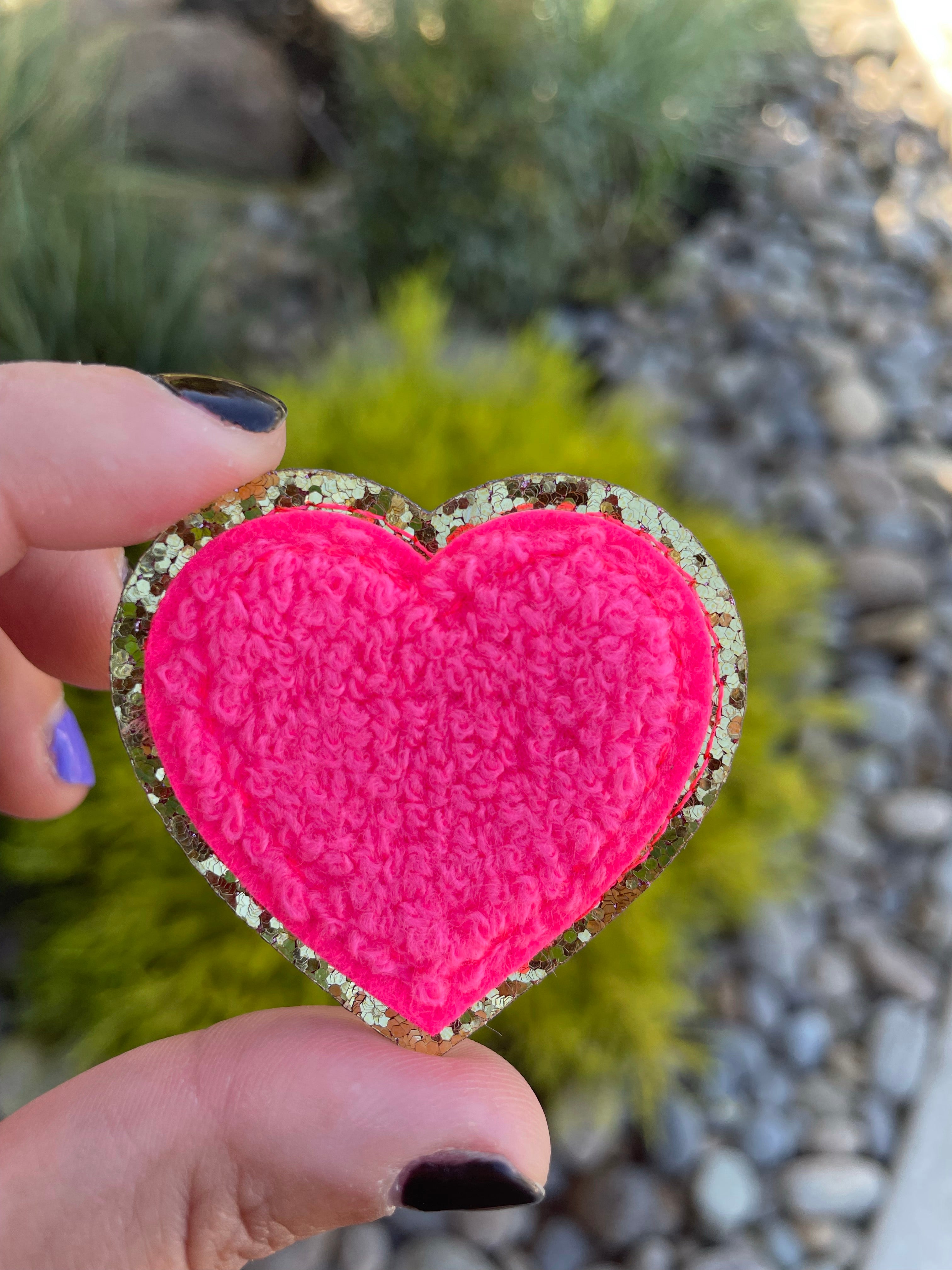 Hot Pink Heart Glitter Chenille Patch (iron on)