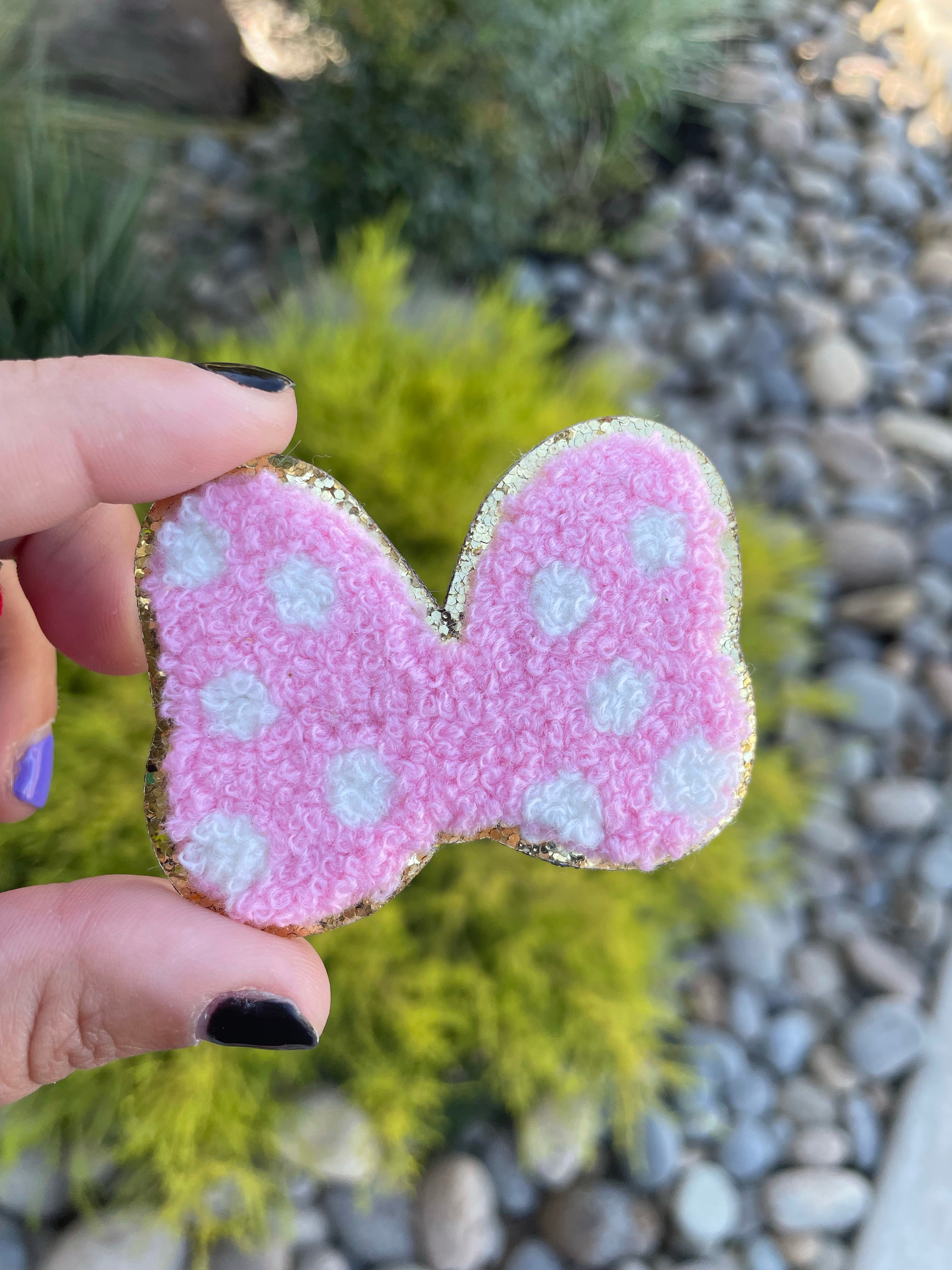 Pink Polka Dot Bow Glitter Chenille Patch (iron on)