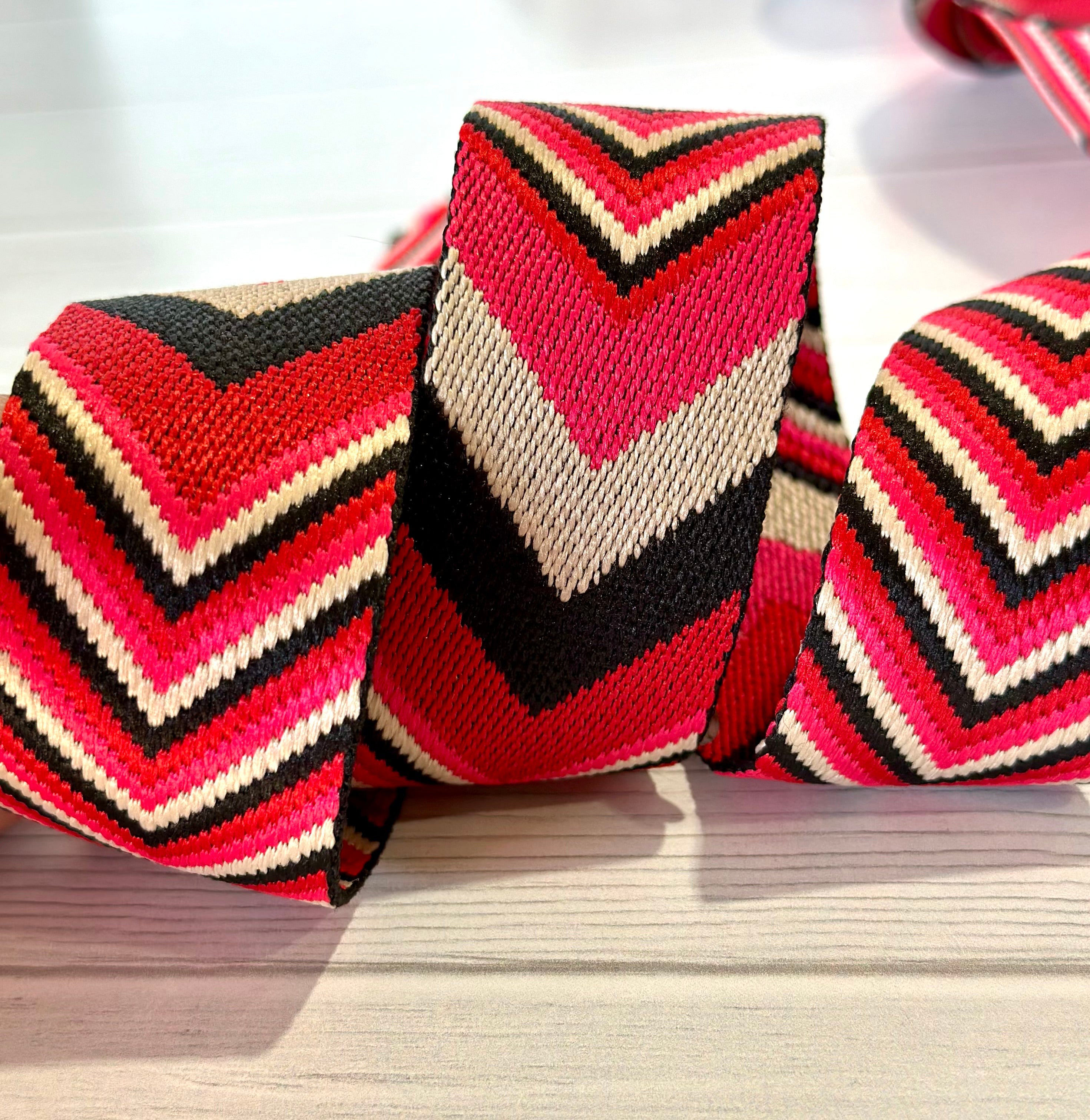 Hot Pink/Tan/Black Woven Chevron 1.5”  Webbing