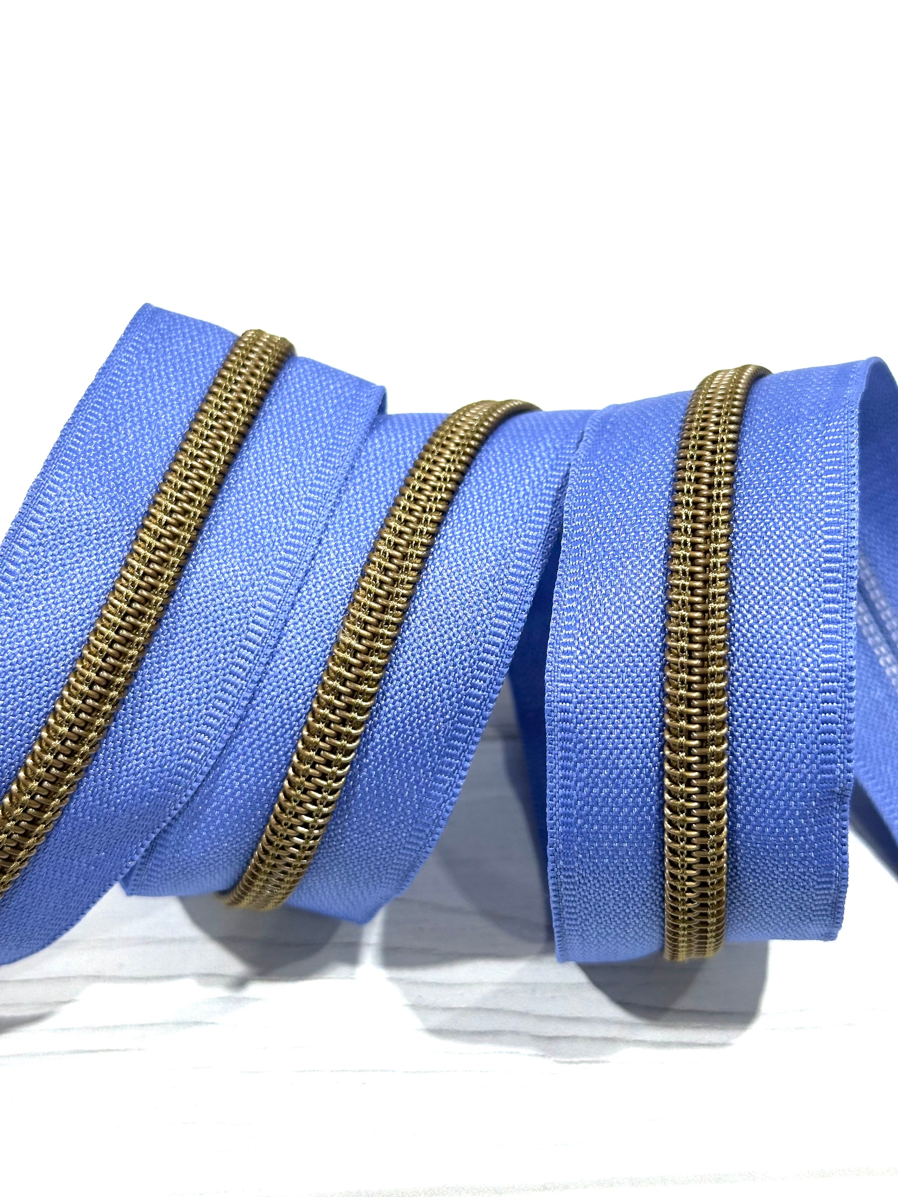 Periwinkle zipper tape with antique bronze teeth