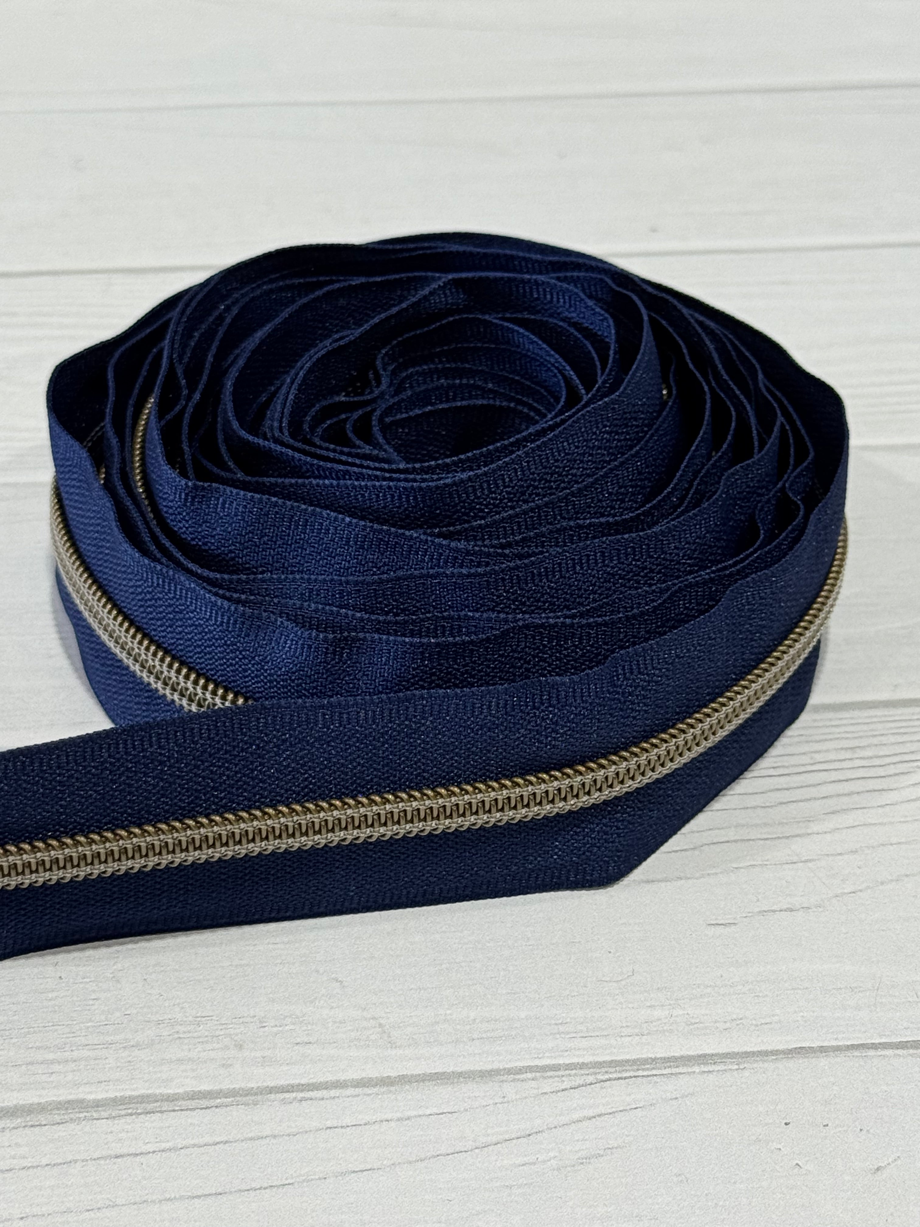 Navy with Antique Bronze teeth zipper tape