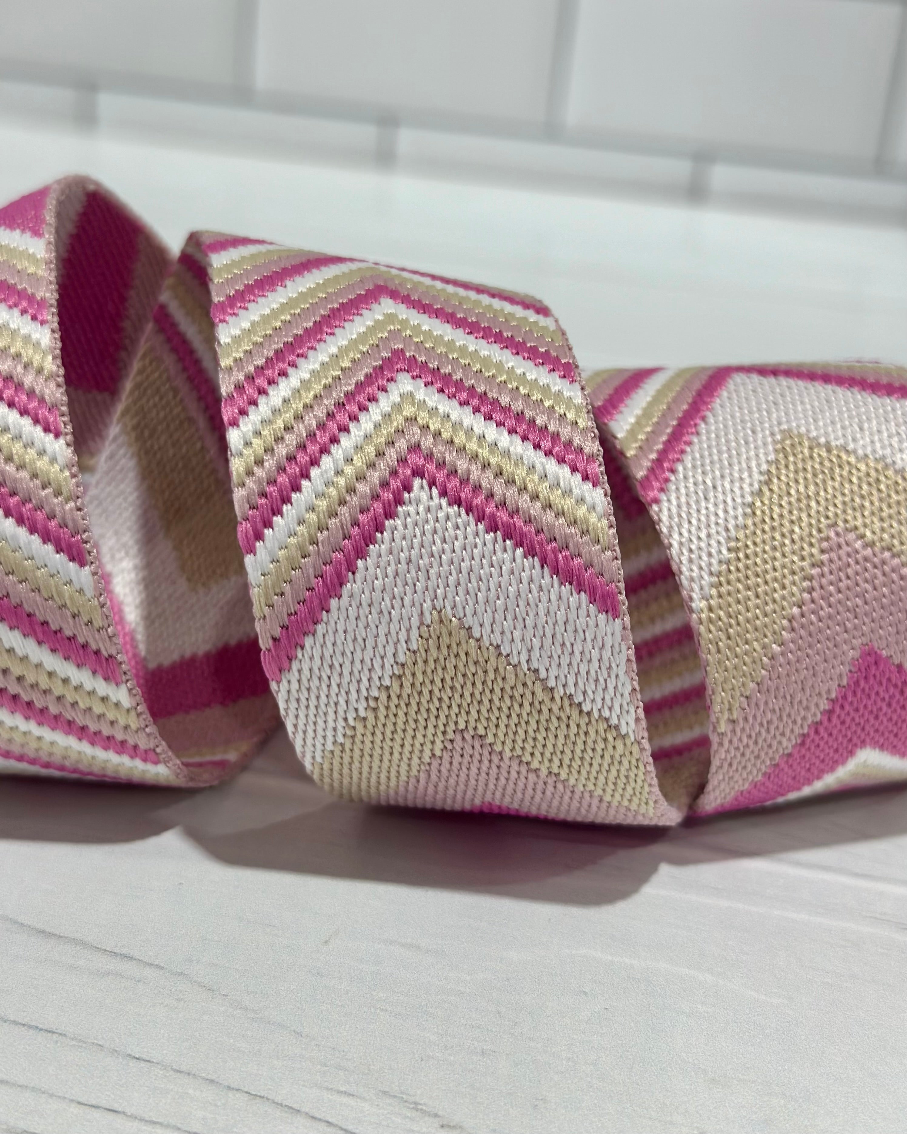 Pink/Tan/White Woven Chevron 1.5”  Webbing