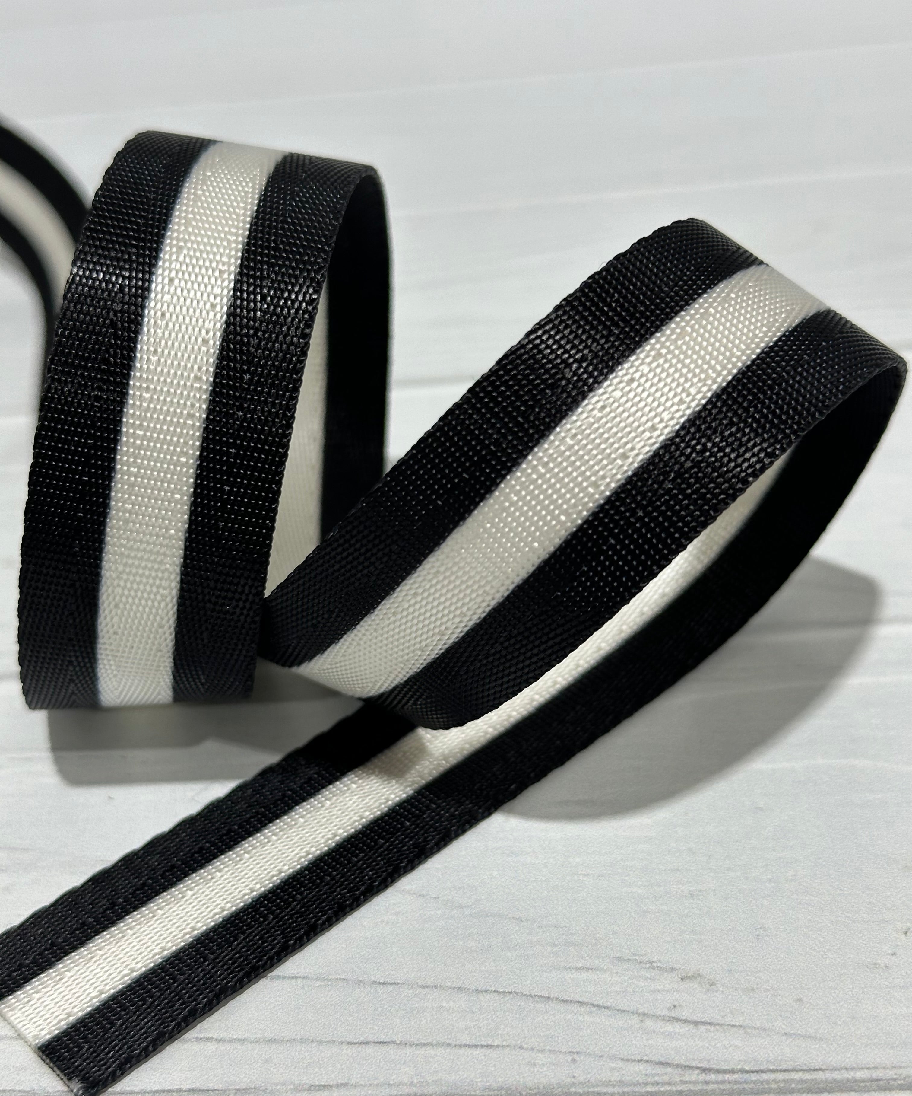 Black with White 1/4” Stripe 1” Seatbelt Webbing (by the yard)