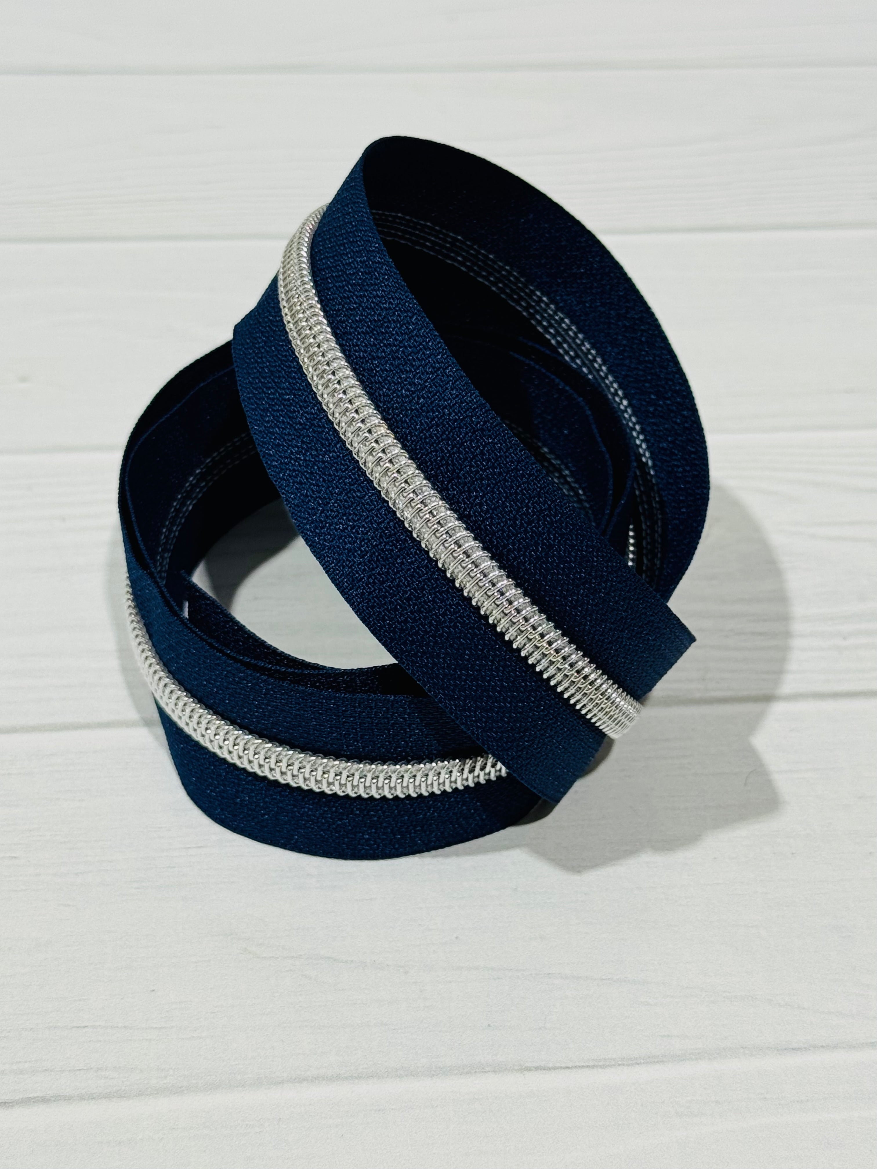Navy with Silver Teeth Zipper Tape