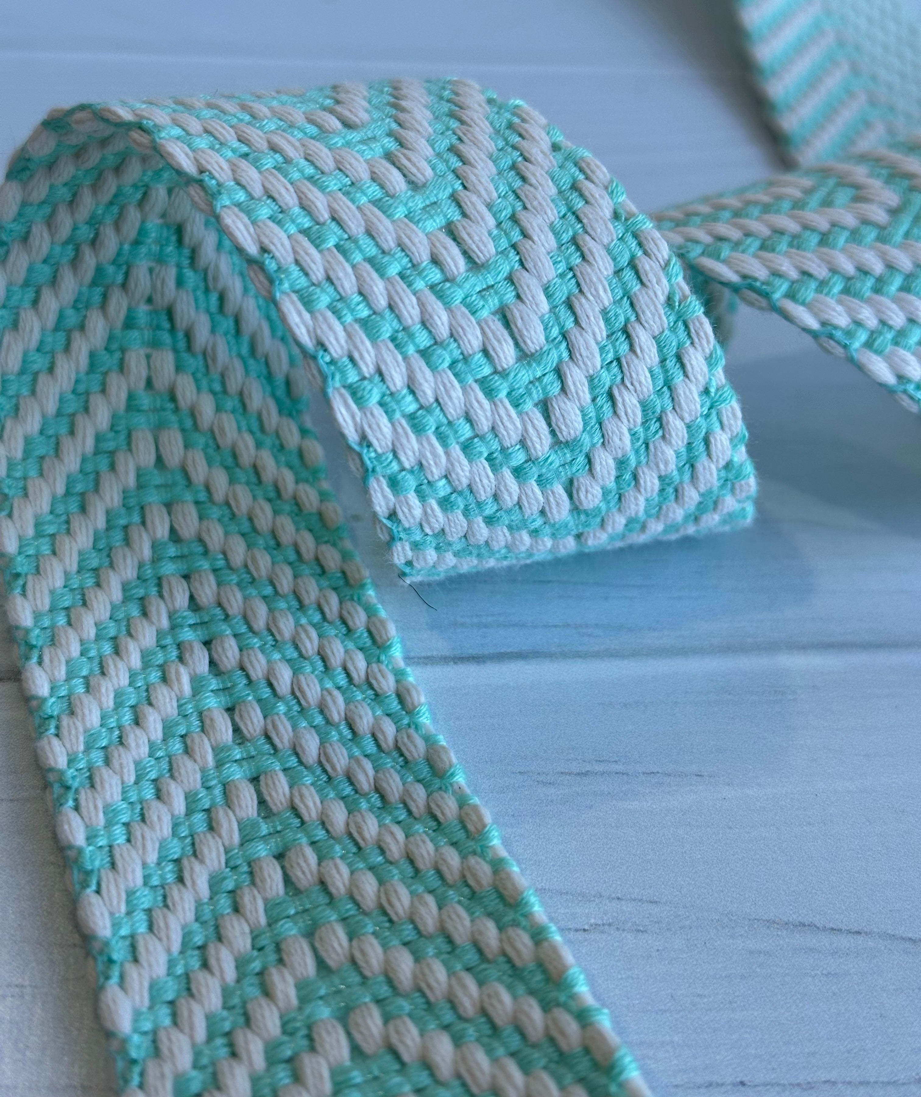 Mint And White Woven Chevron 1.5”  Webbing