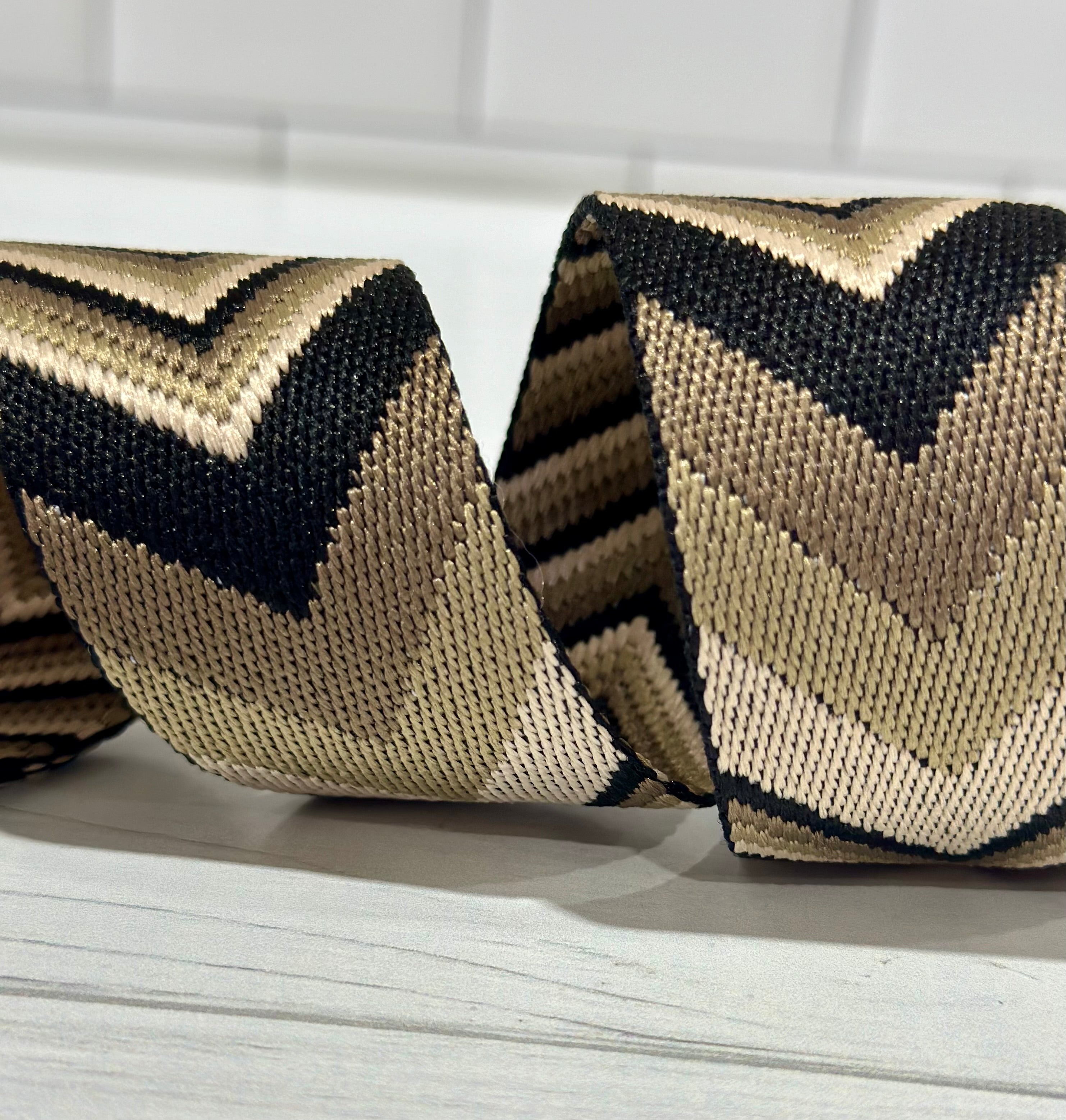 Beige/Tan/Black Woven Chevron 1.5”  Webbing