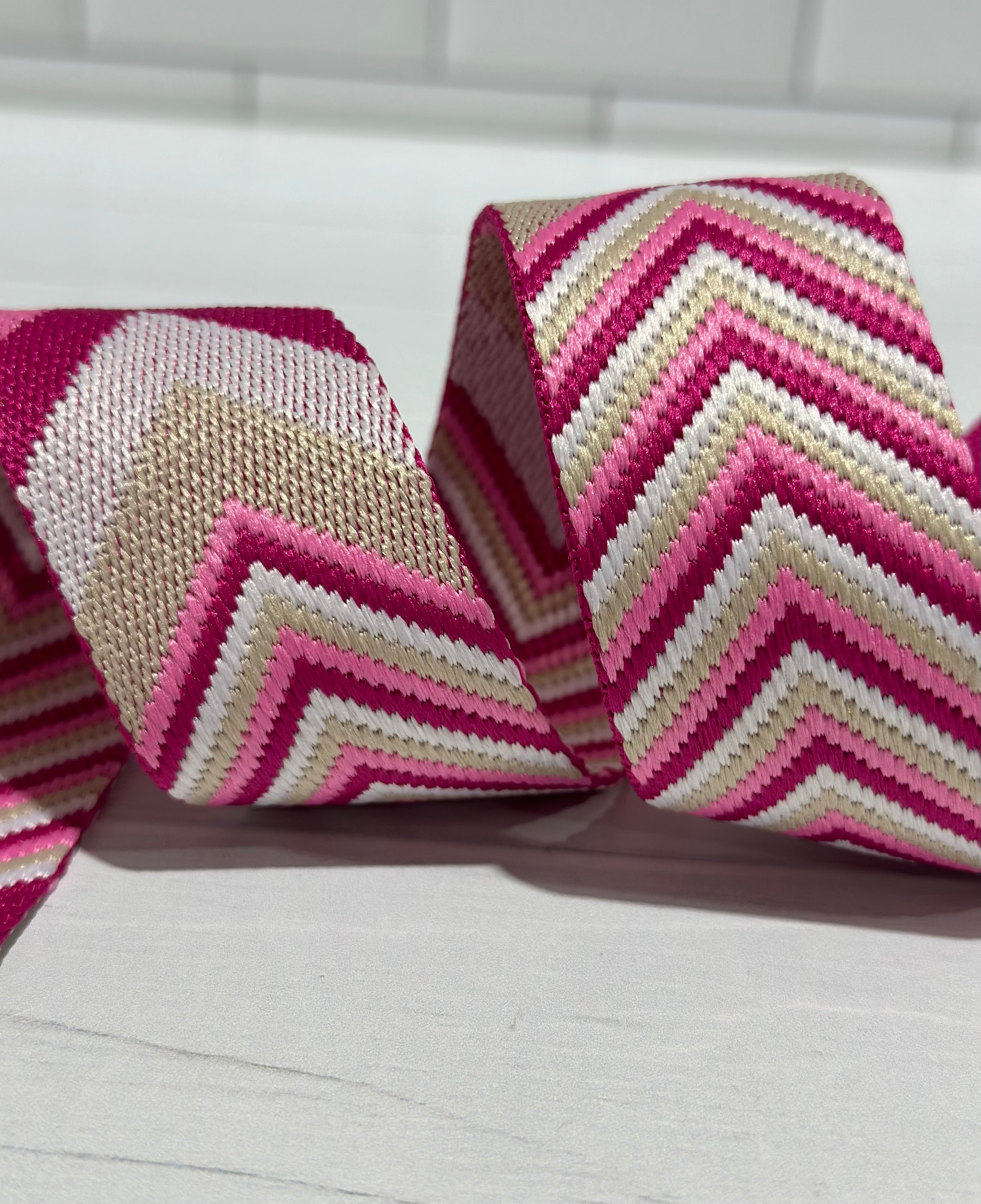 Hot Pink/Tan/White Woven Chevron 1.5”  Webbing