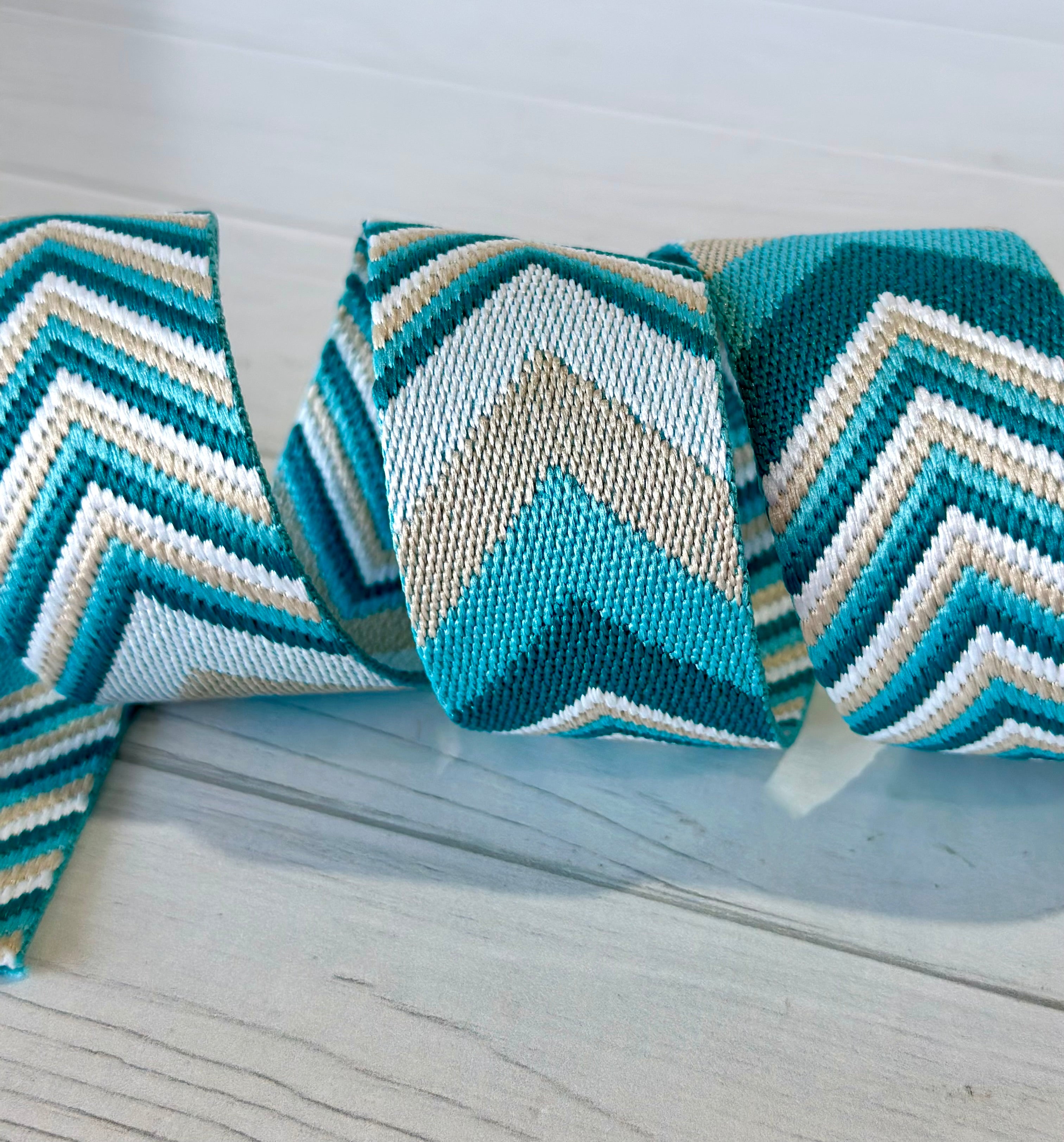 Teal/Tan/White Woven Chevron 1.5”  Webbing