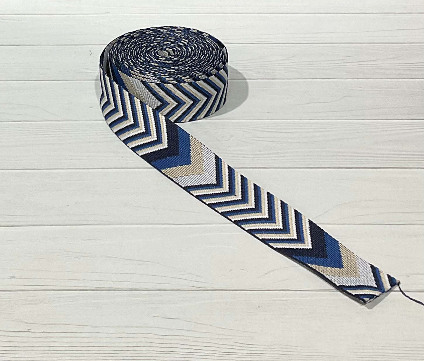 Navy/Cobalt/Beige Woven Chevron 1.5”  Webbing