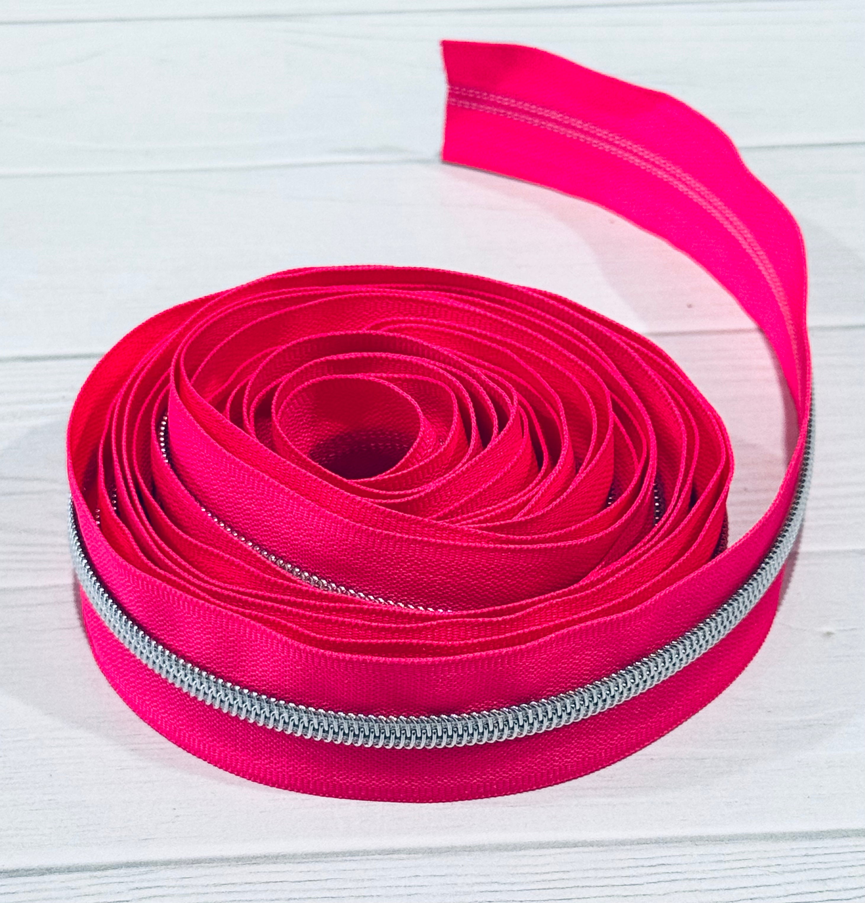 Neon Pink Zipper Tape with Silver Teeth