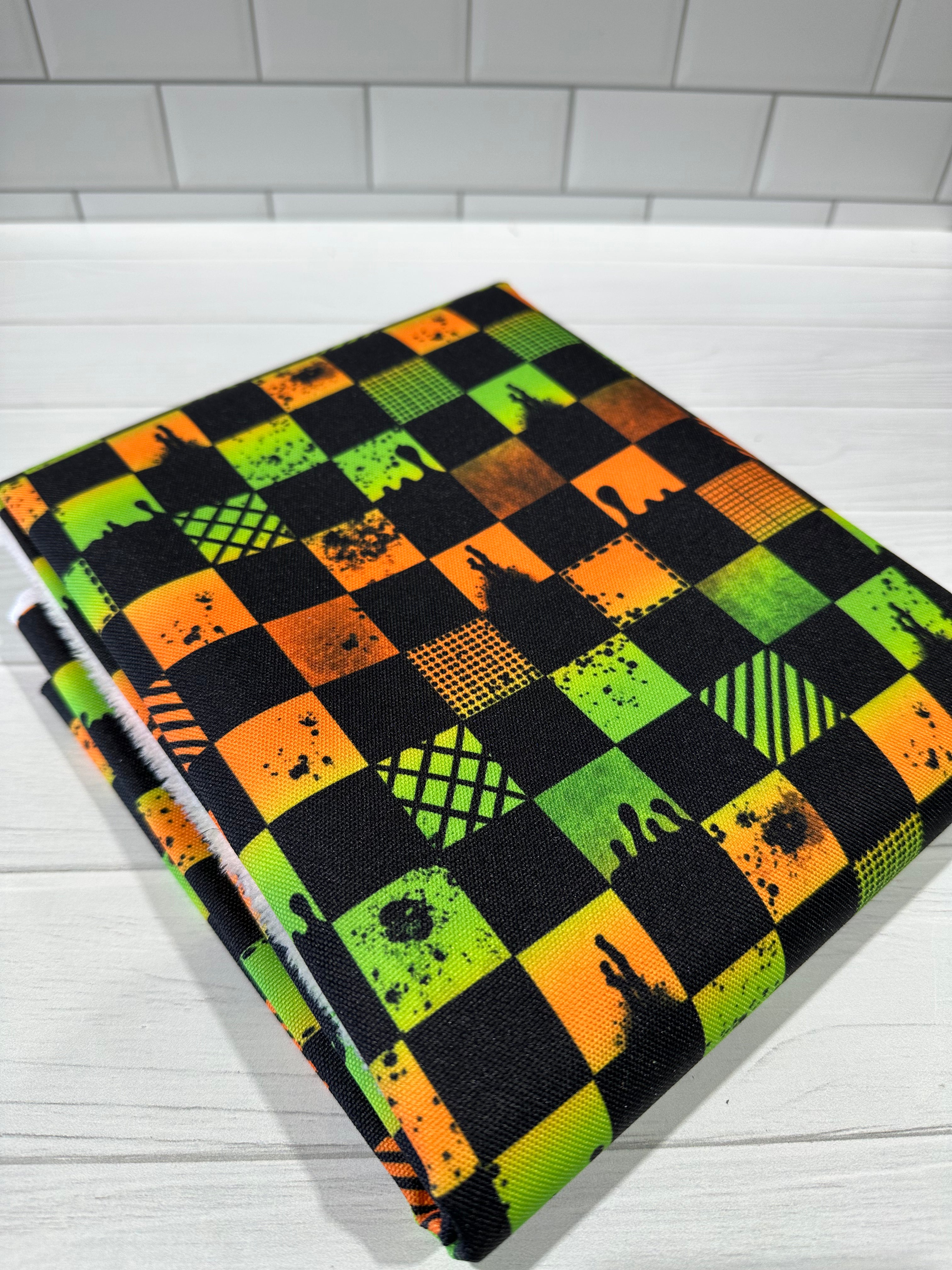 Lime and Orange Grunge Check Waterproof Canvas