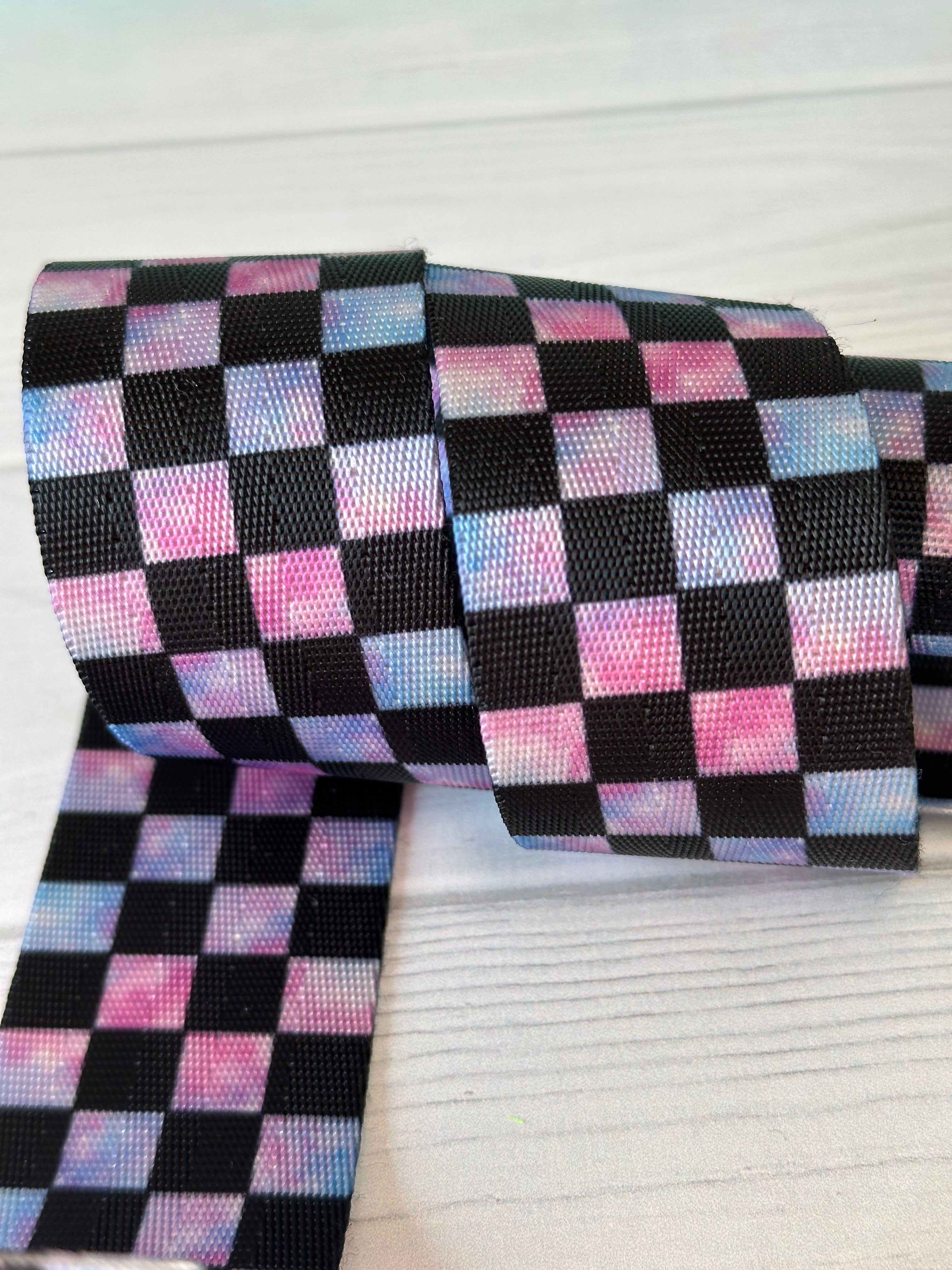Blue/Pink Tie Dye Check 1.5” Seatbelt Webbing (by the yard)