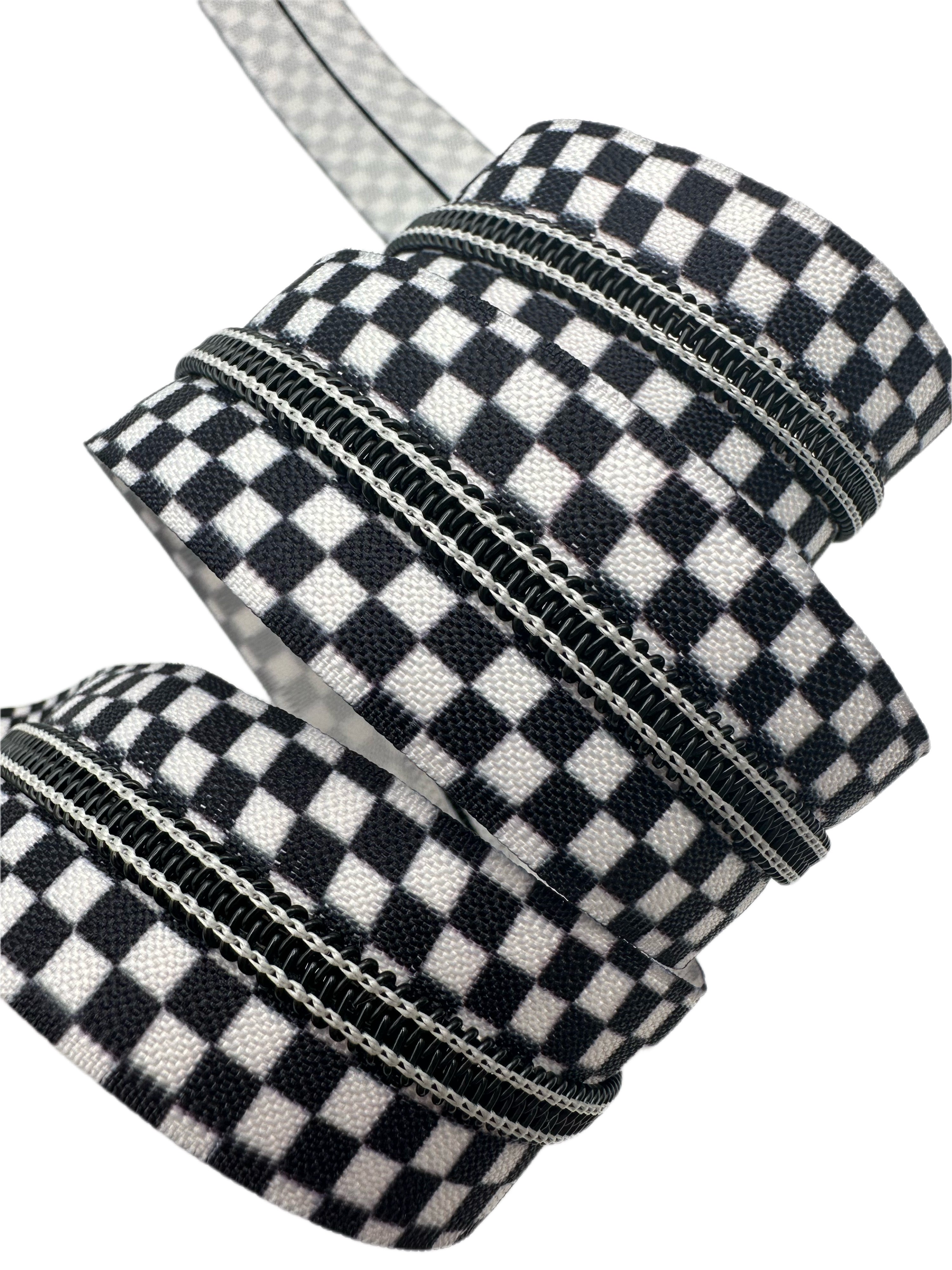Black and White Checker Tape with Black Teeth Zipper Tape