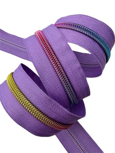 Lavender with rainbow teeth zipper tape