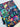 A fabric with a vibrant and colorful print featuring a variety of designs, including urban scenes and what appears to be a comic book or graphic novel illustration.