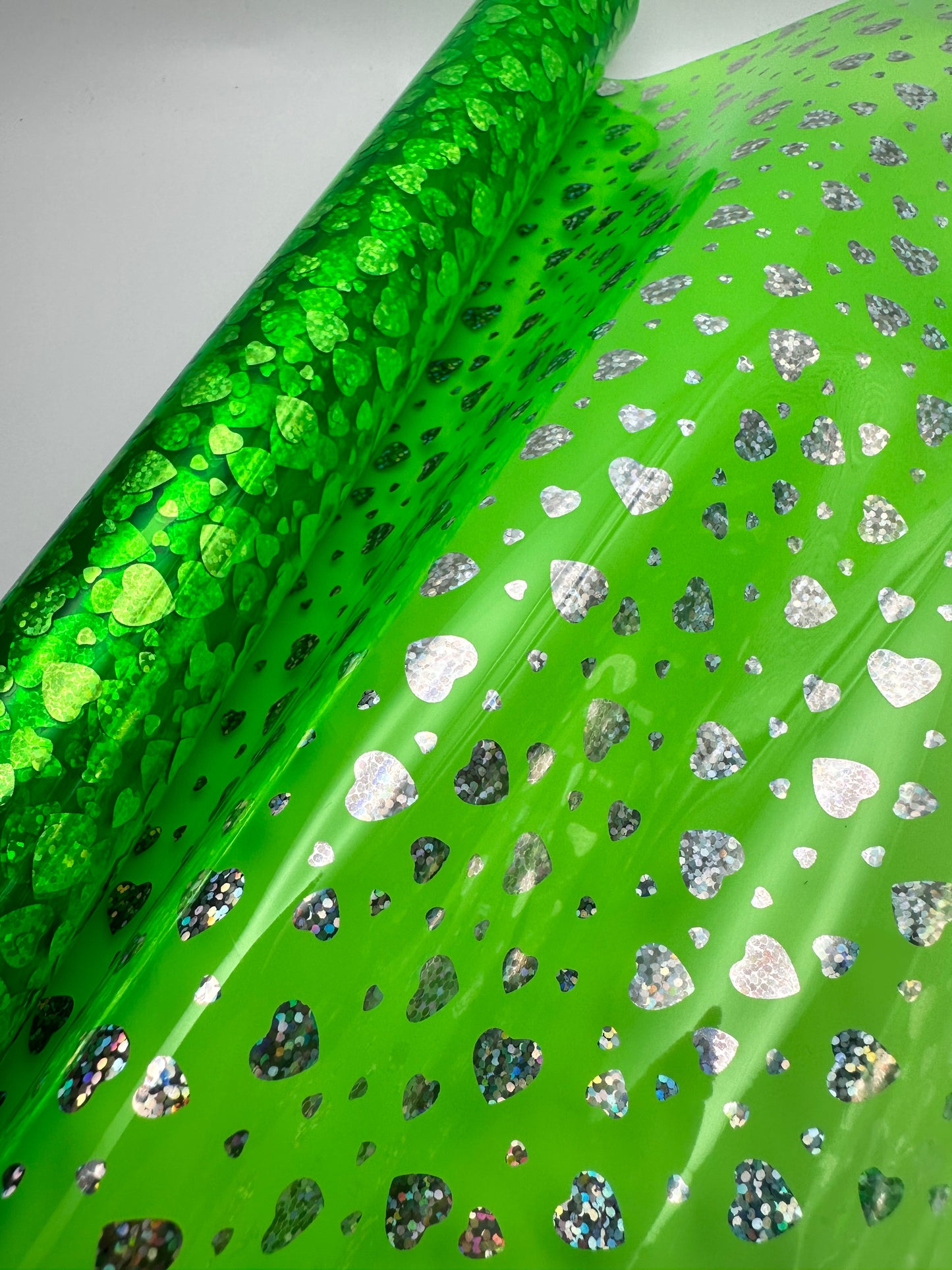 Green Holographic Heart Clear Vinyl
