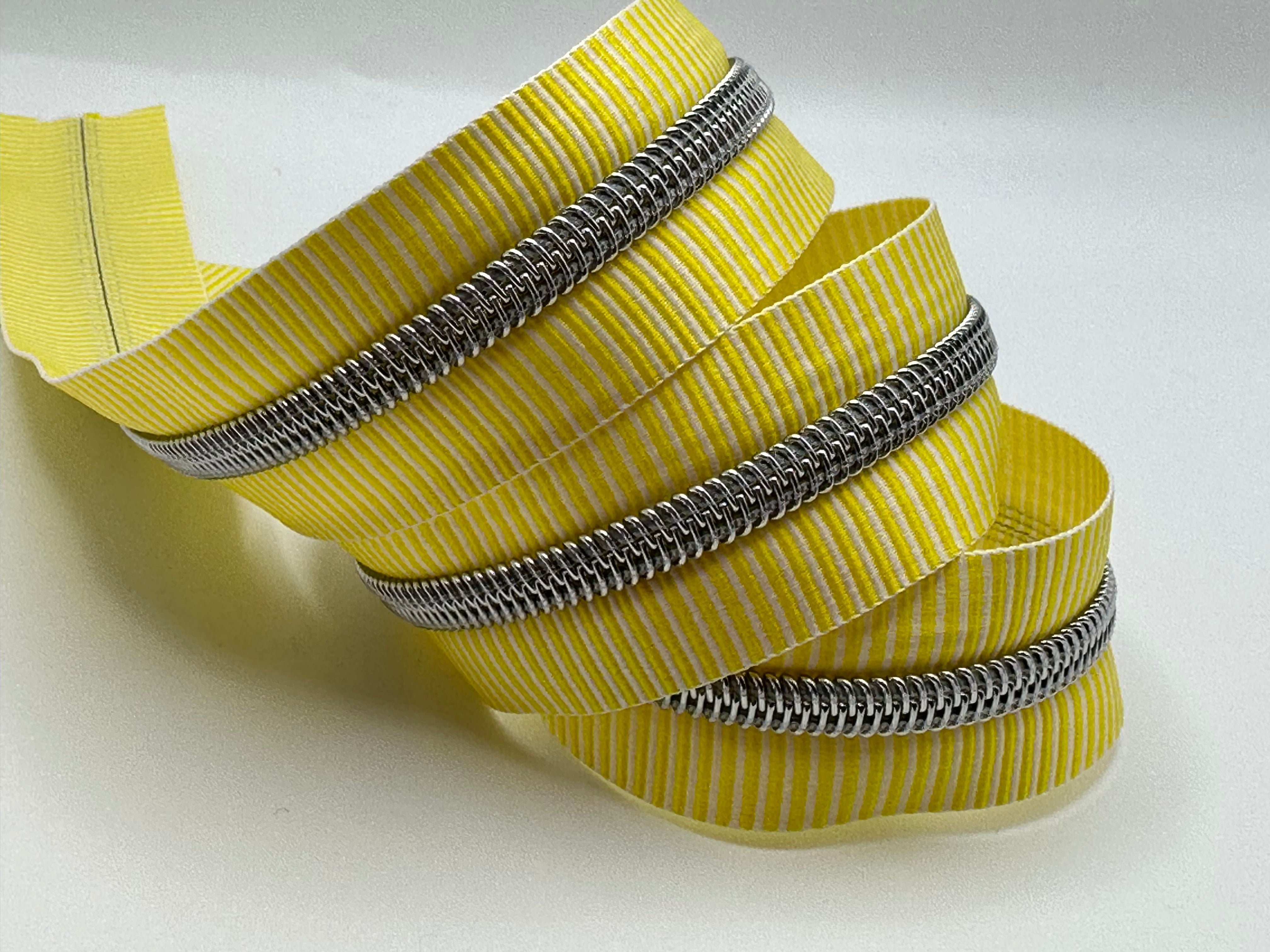Yellow and white stripe with silver teeth Zipper Tape