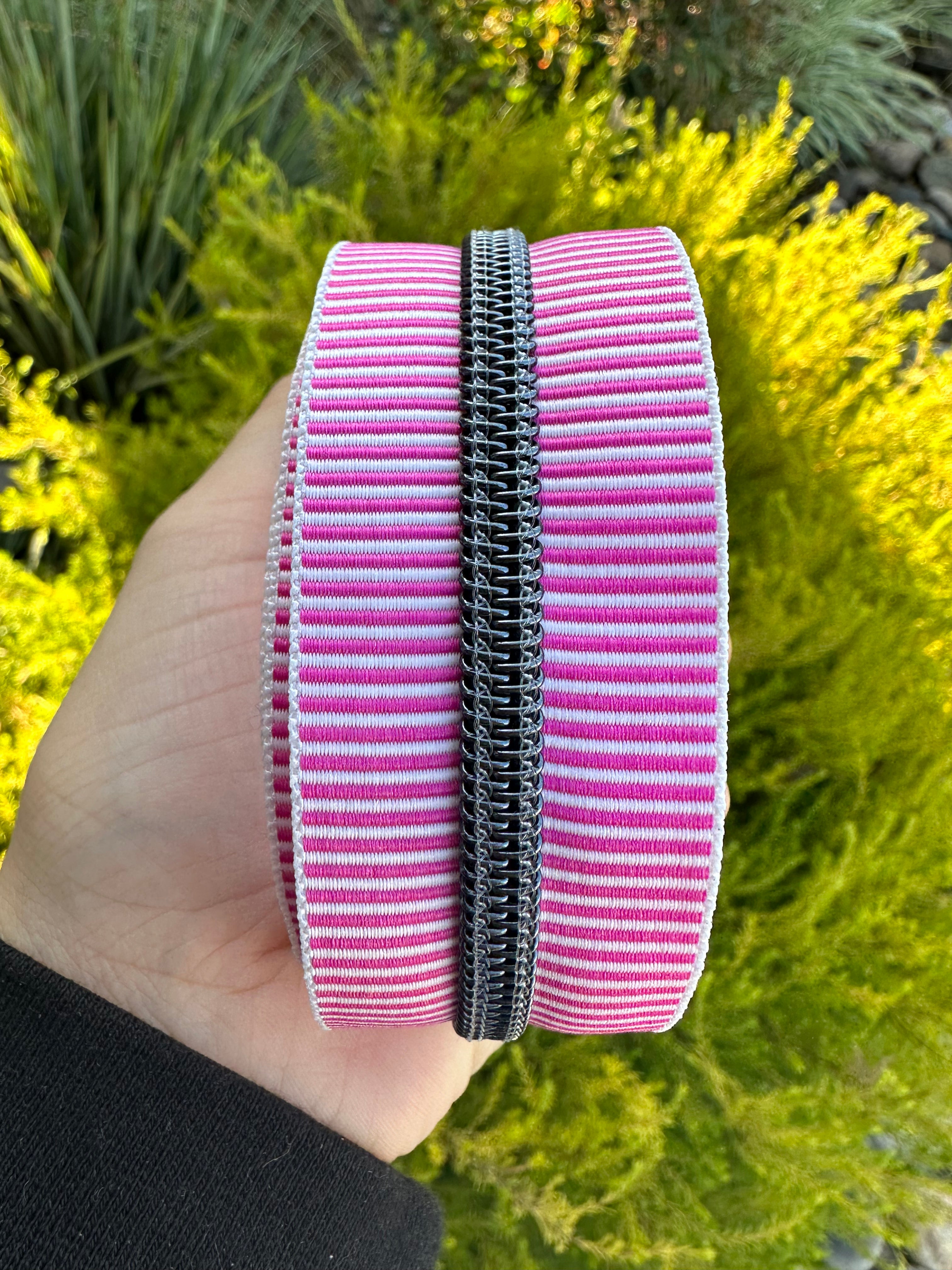 Pink/White Stripe with Gunmetal teeth zipper tape
