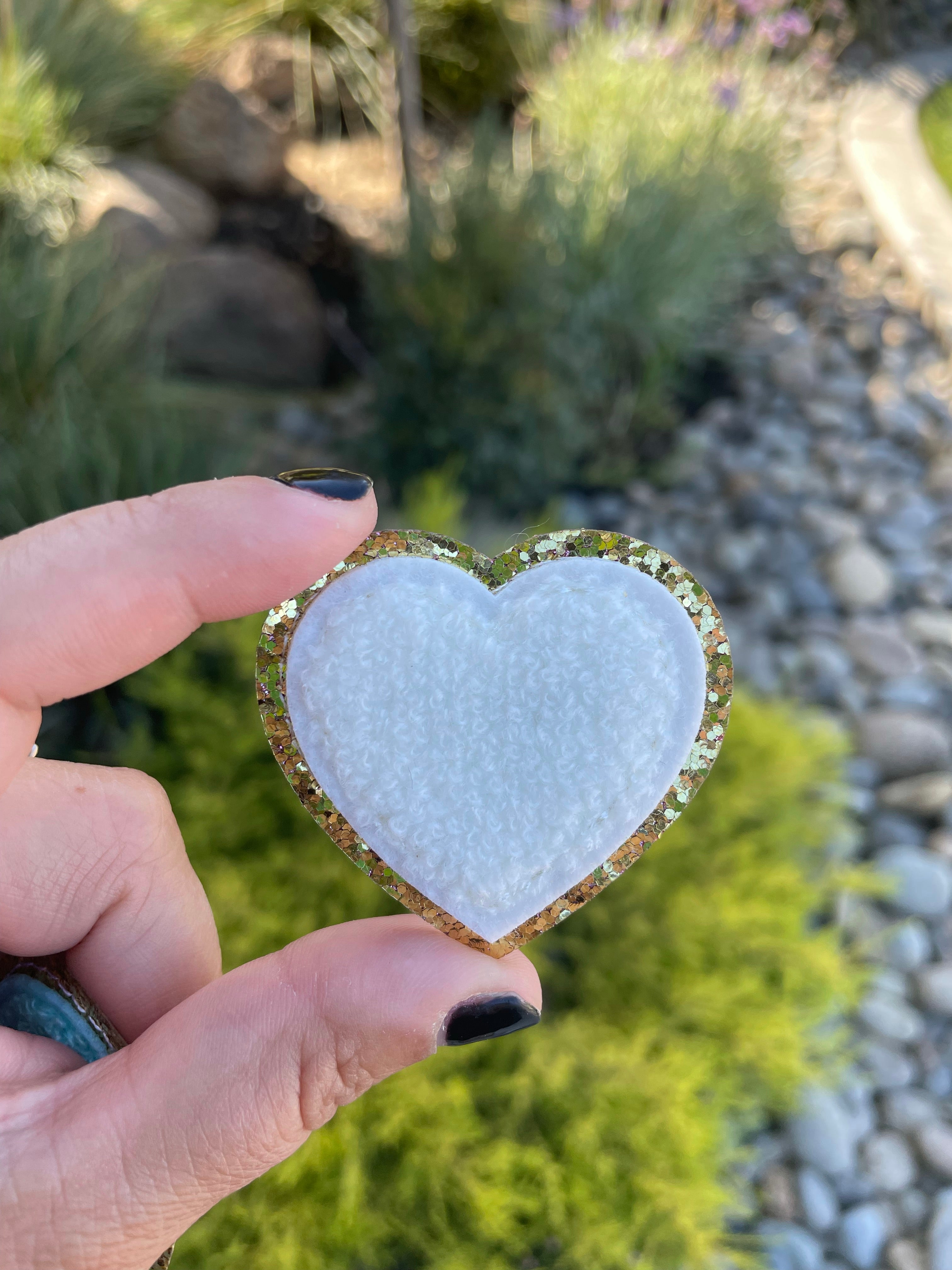 White Heart Glitter Chenille Patch (iron on)