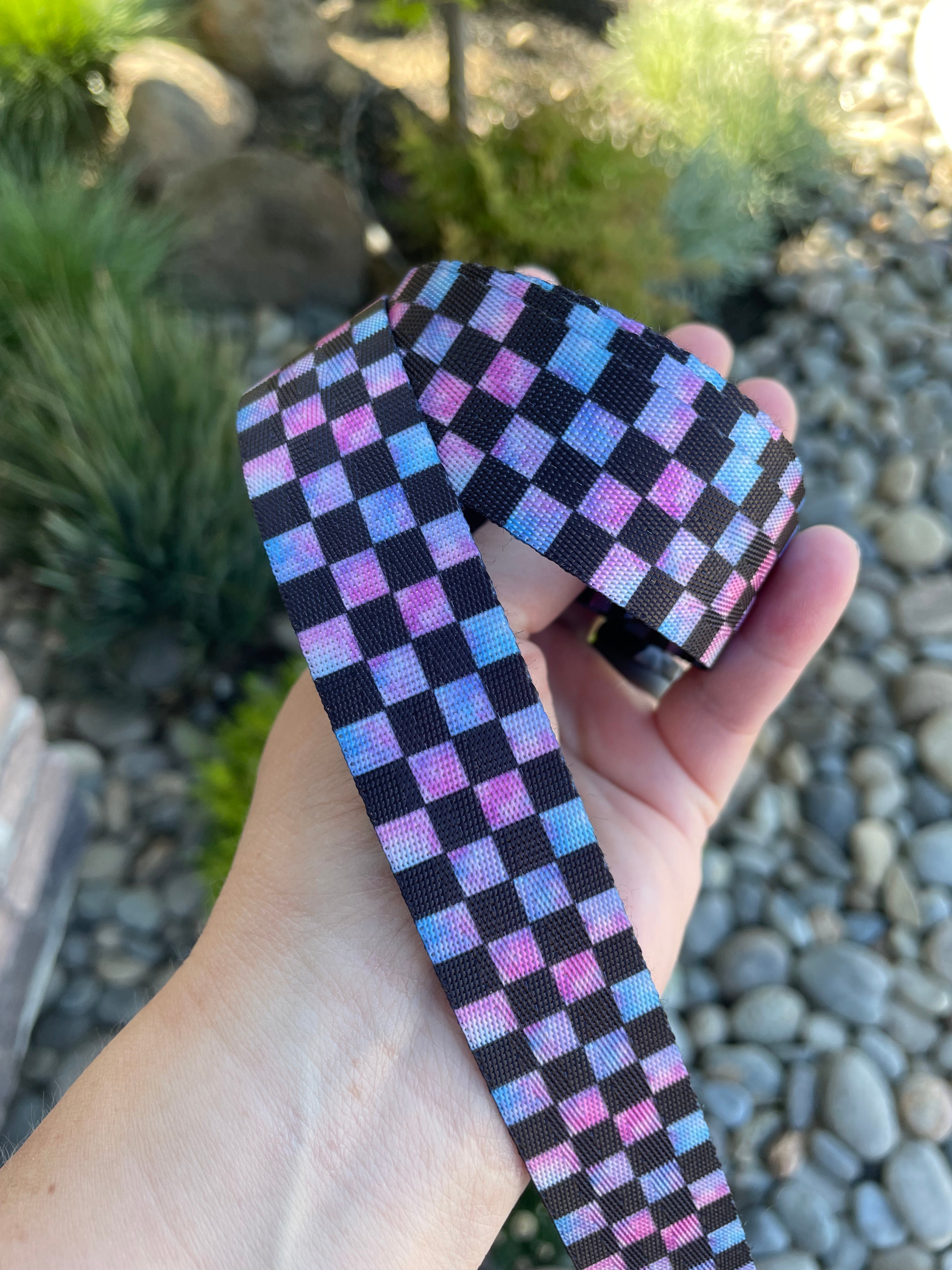 Blue/Pink Tie Dye Check 1” Seatbelt Webbing (by the yard)