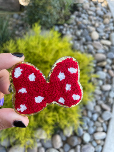 Red Polka Dot Bow Glitter Chenille Patch (iron on)