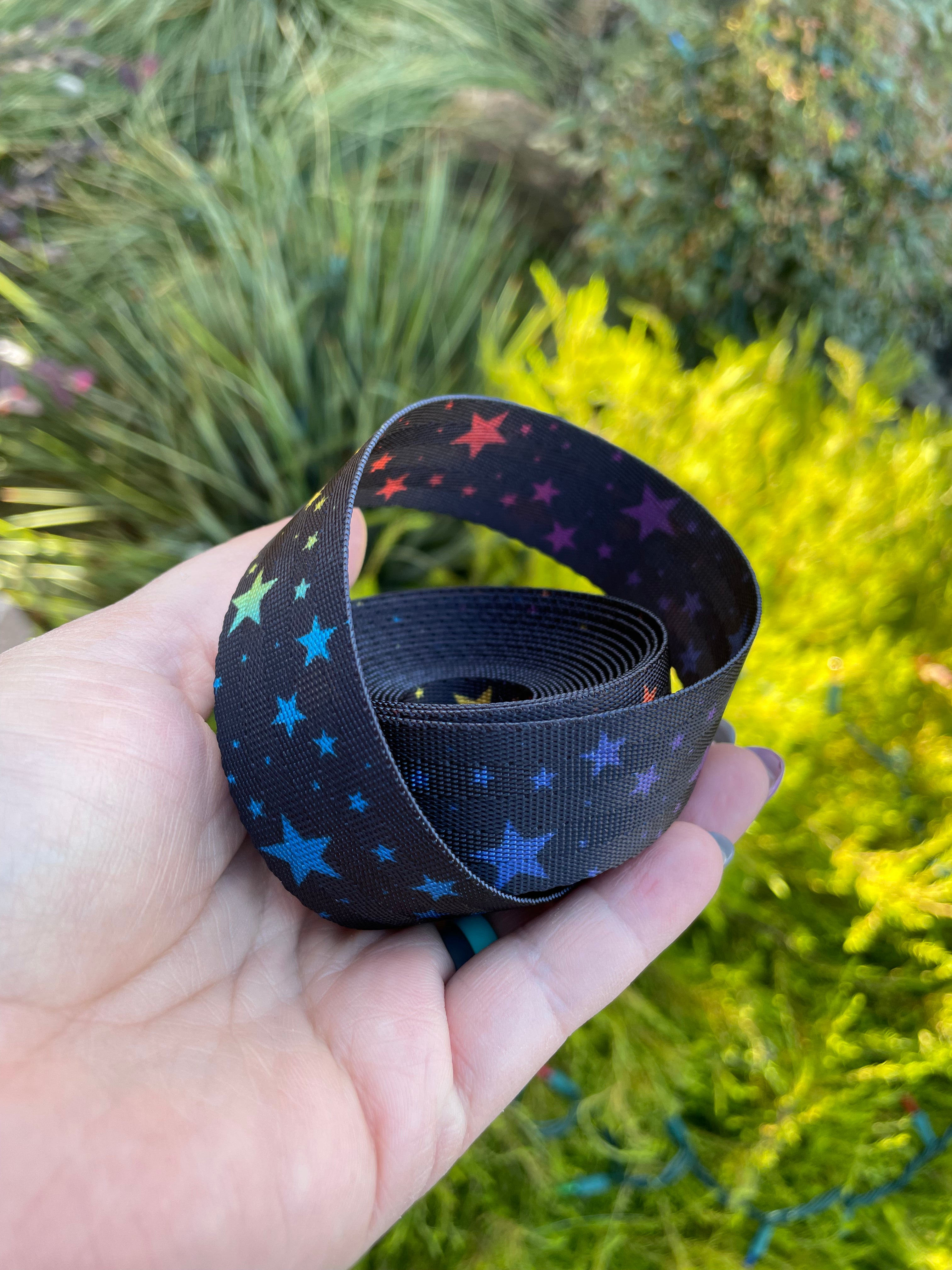 Rainbow Star on Black 1” Seatbelt Webbing