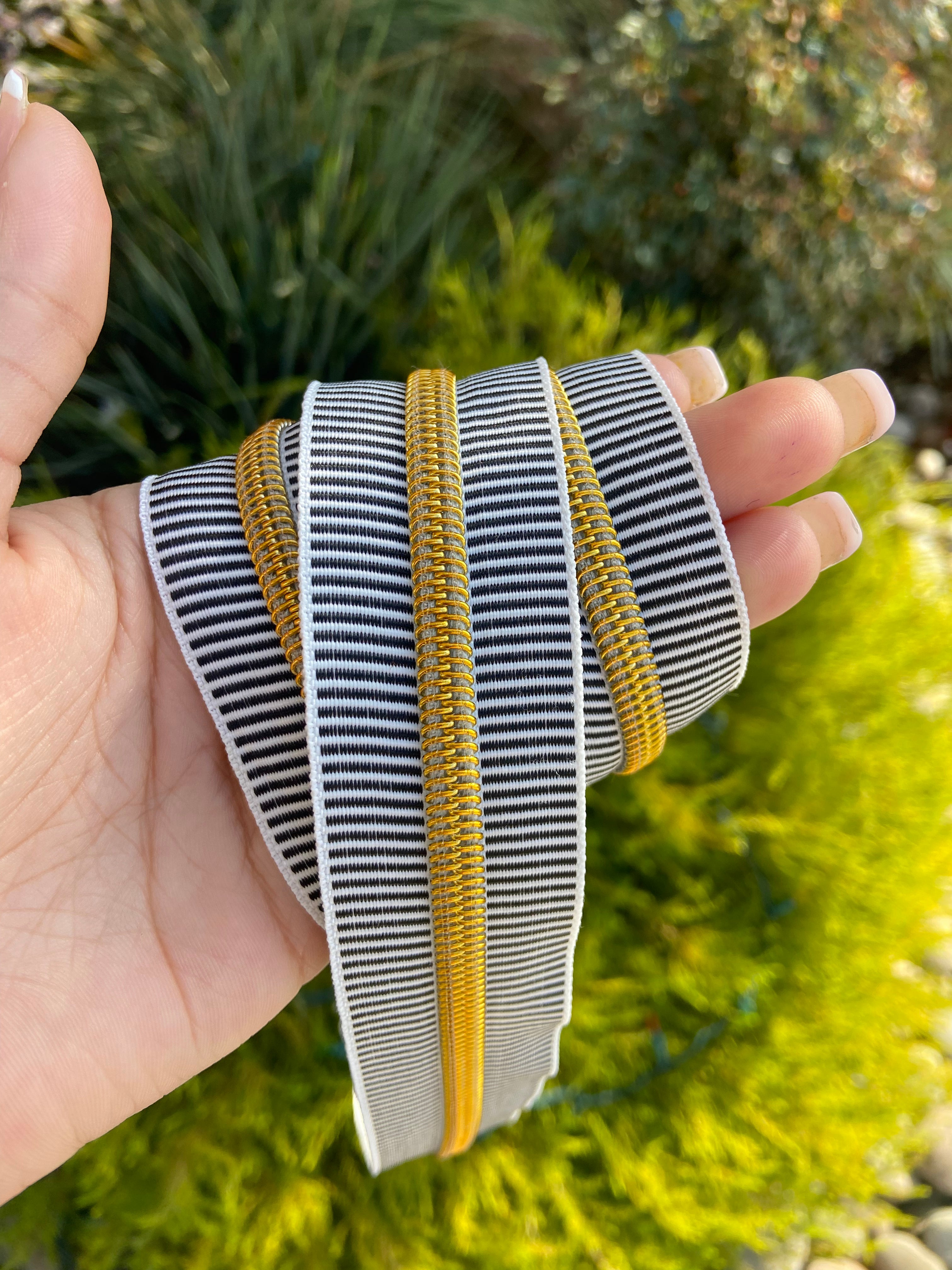 Black and white stripe with gold teeth Zipper Tape