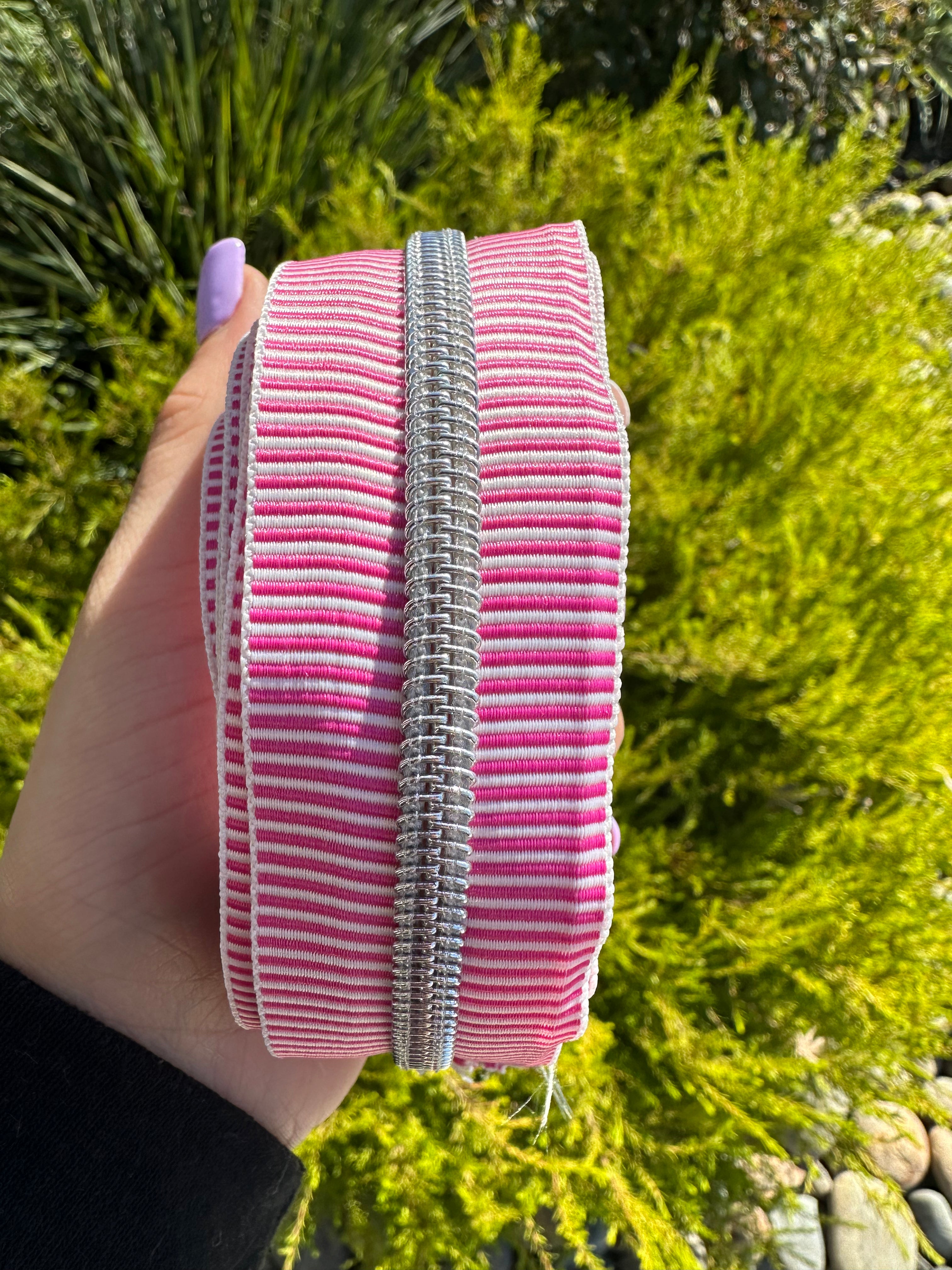 Pink/White Stripe with Silver teeth zipper tape