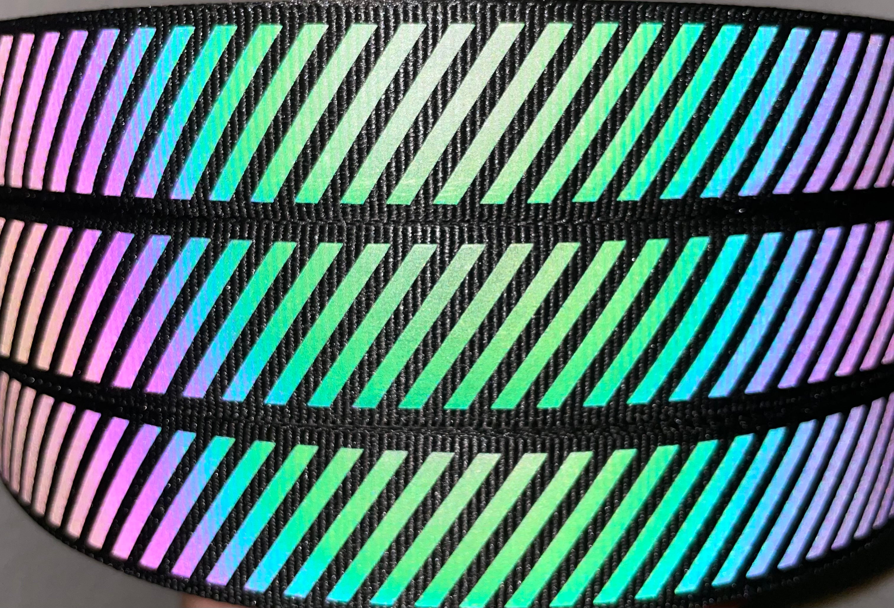 Diagonal Stripe Rainbow Reflective Webbing (by the yard)