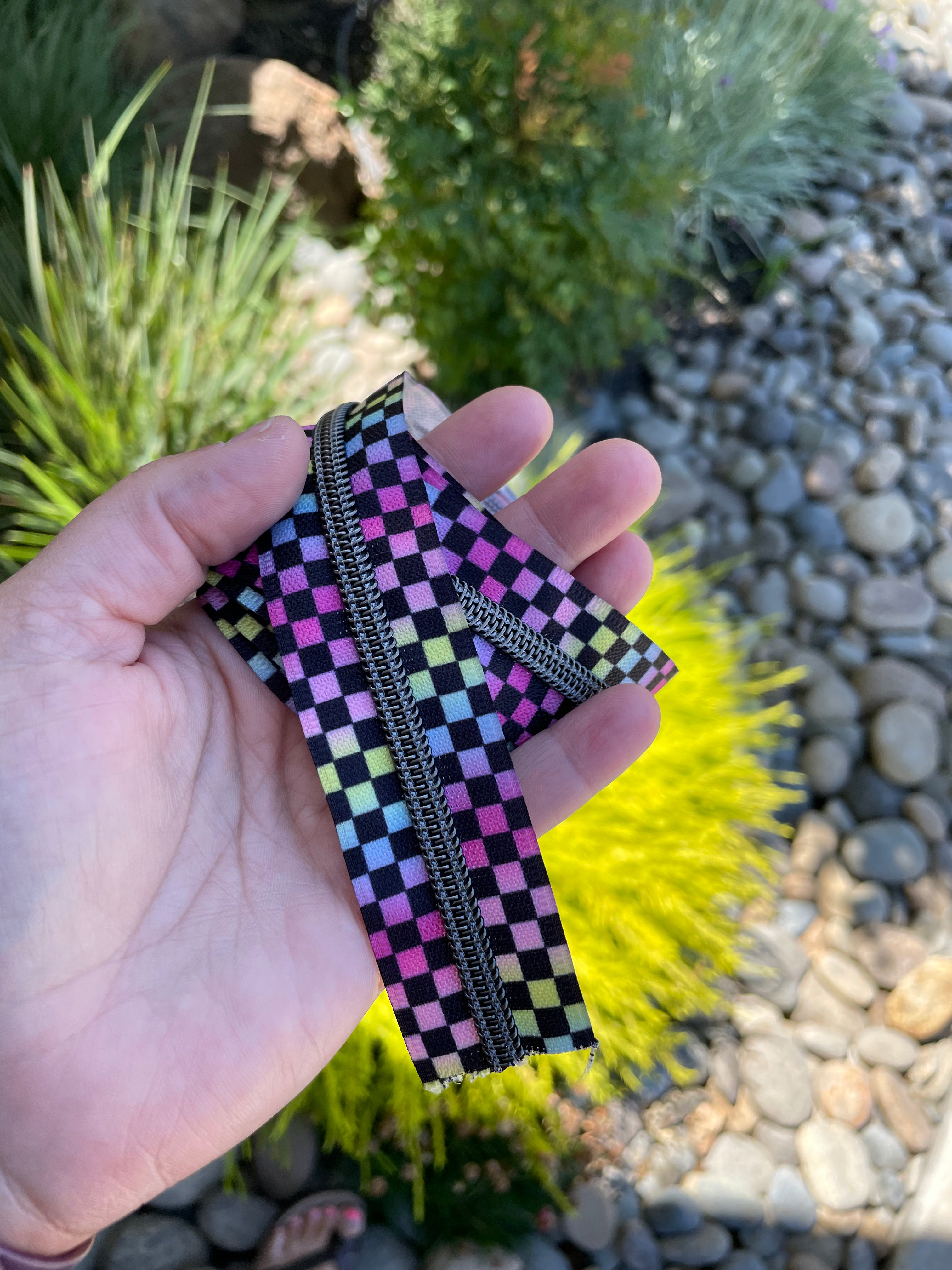 Pastel Rainbow Checker zipper tape with Gun Metal teeth