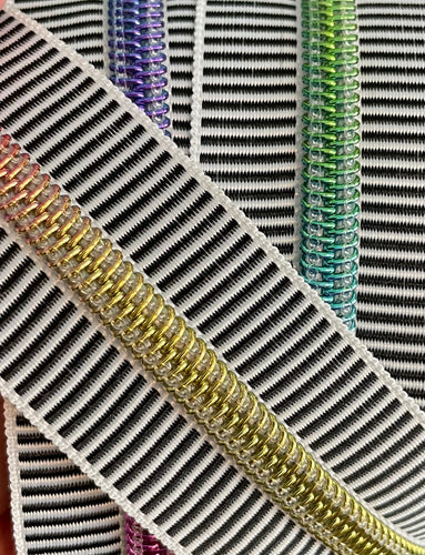 Black/White Stripe with Rainbow teeth zipper tape