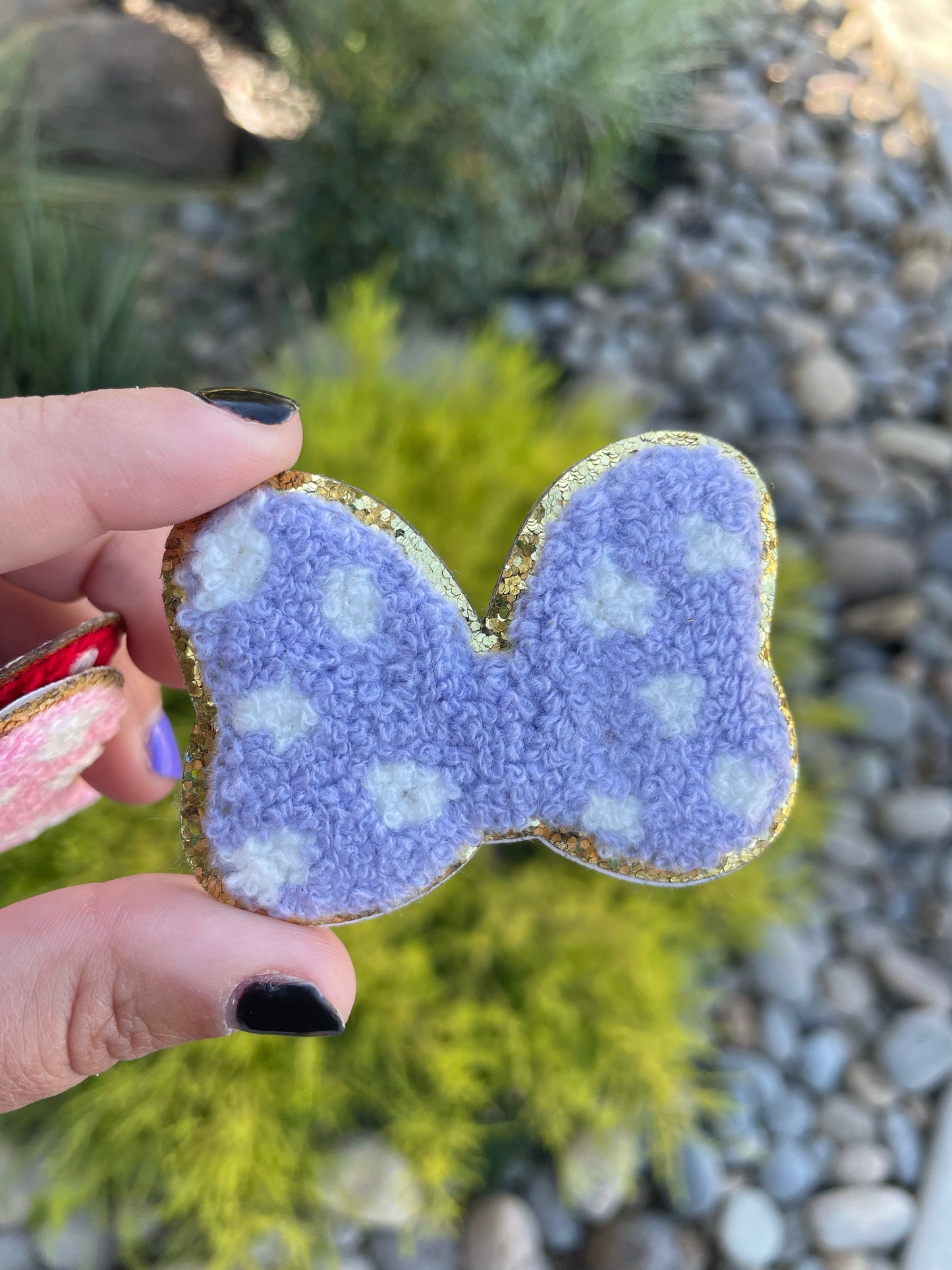 Lavender Polka Dot Bow Glitter Chenille Patch (iron on)