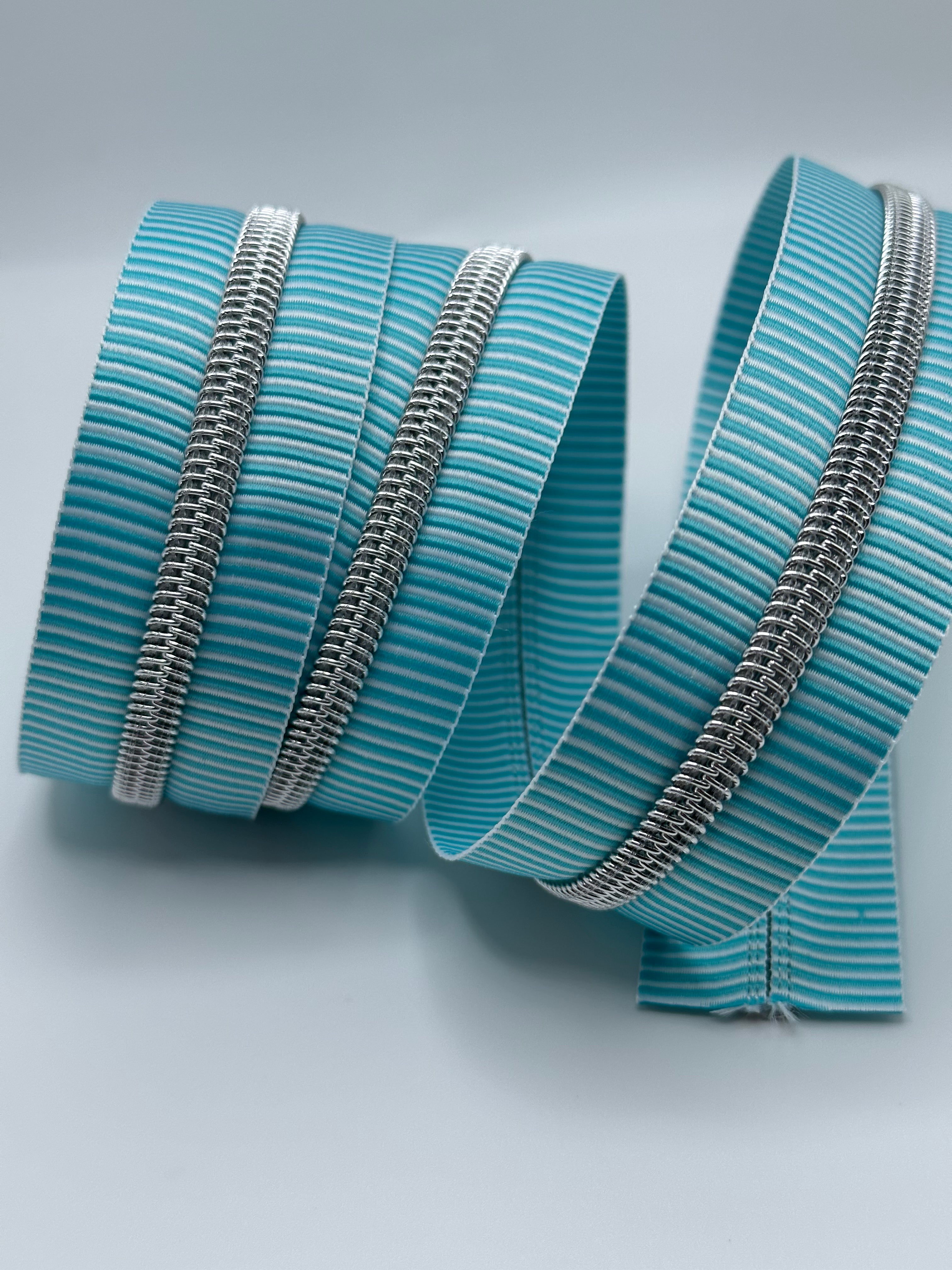 Aqua and white stripe with Silver teeth Zipper Tape