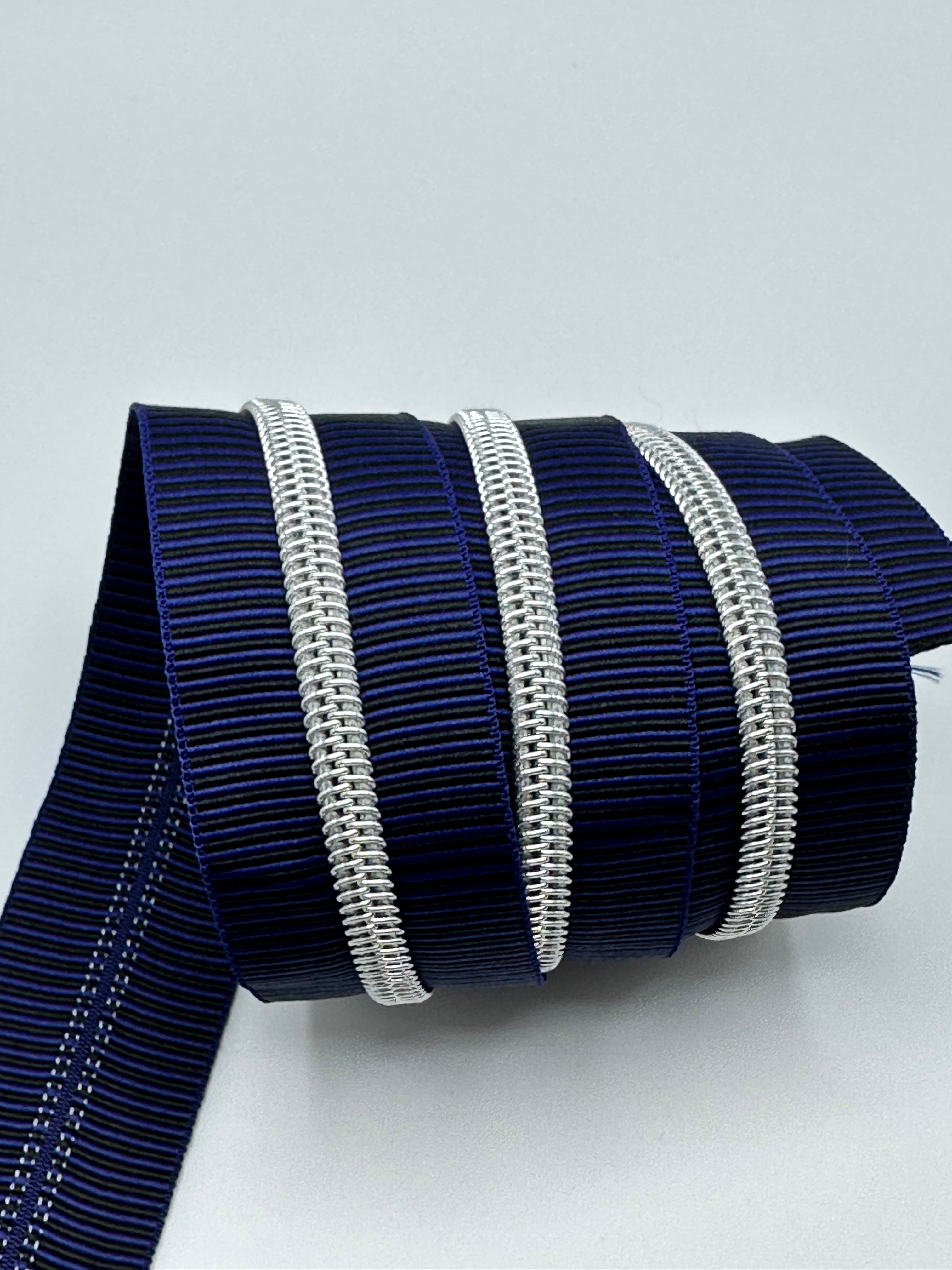Navy and Black stripe with silver teeth Zipper Tape