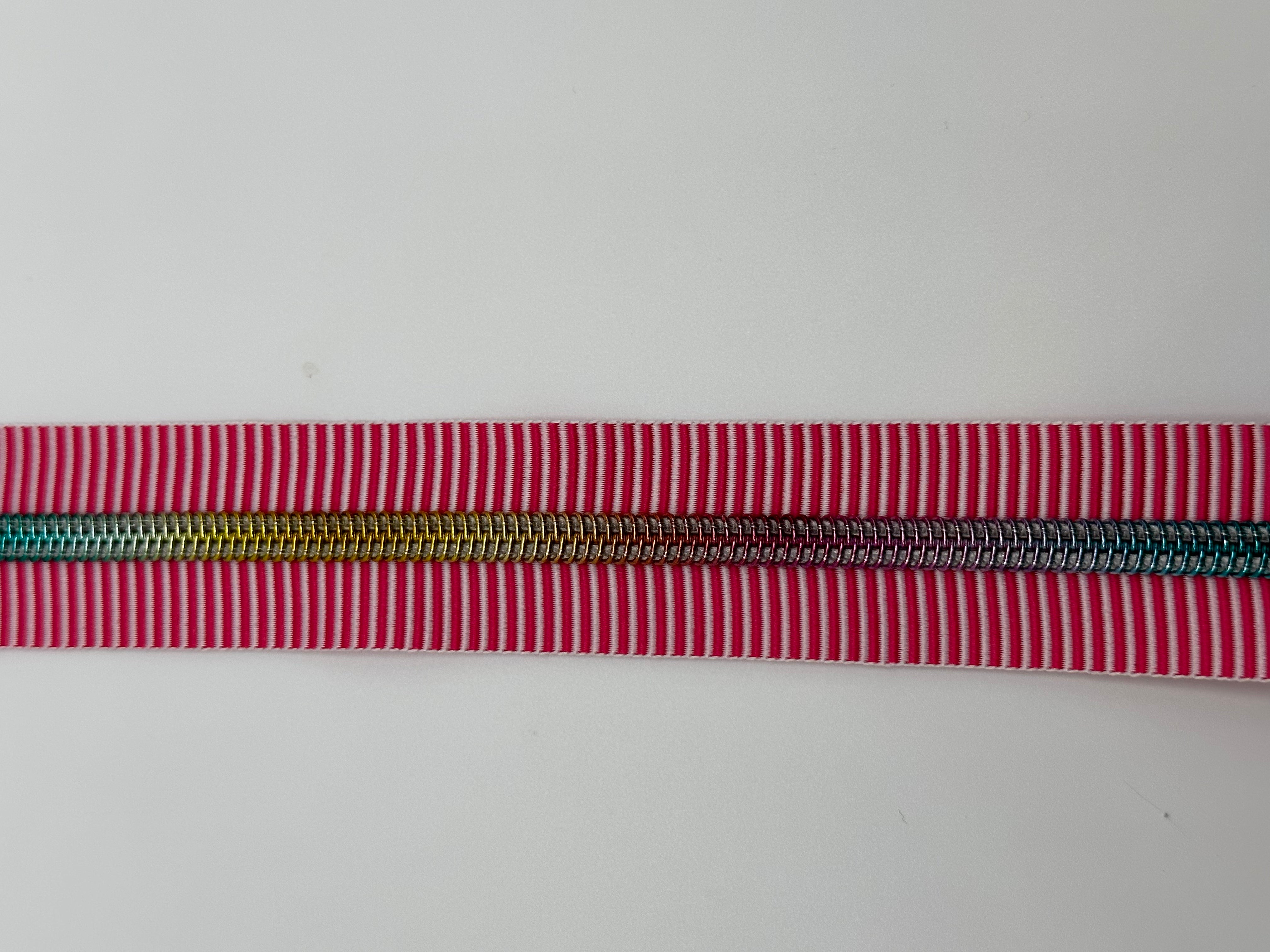 Hot pink and white stripe with rainbow teeth Zipper Tape