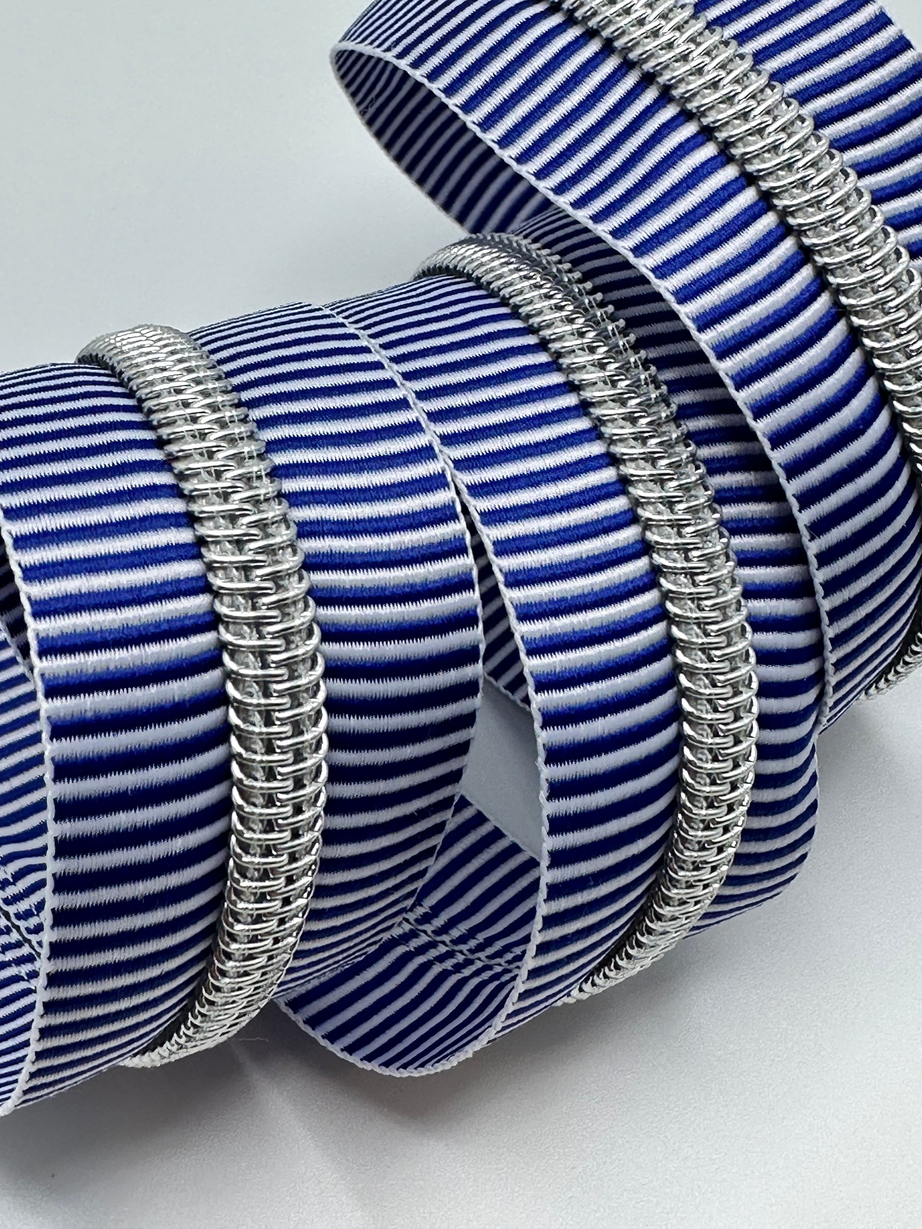 Blue and white stripe with silver teeth Zipper Tape